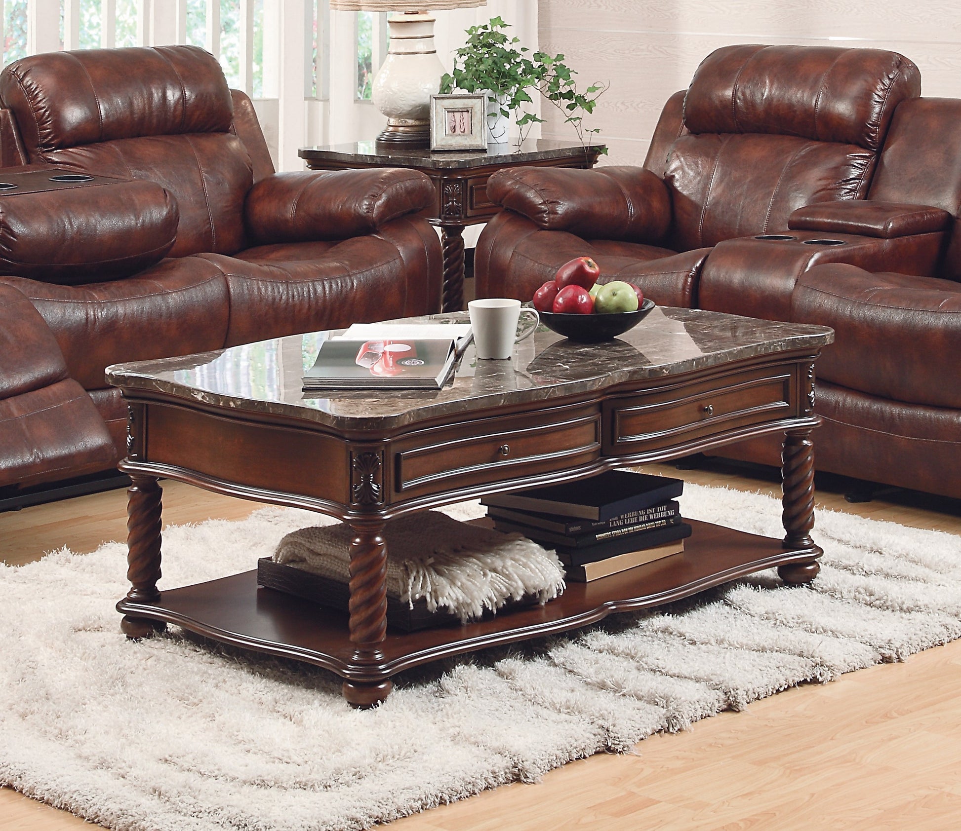 Traditional Formal Marble Top Cocktail Table with 2 mahogany-primary living