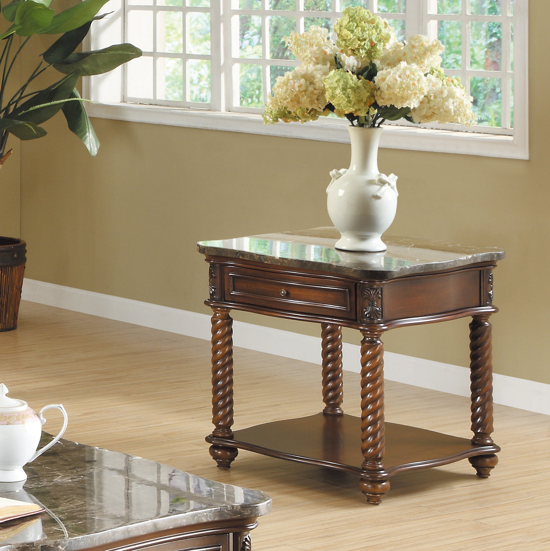 Traditional Formal Marble Top End Table with Drawer mahogany-primary living