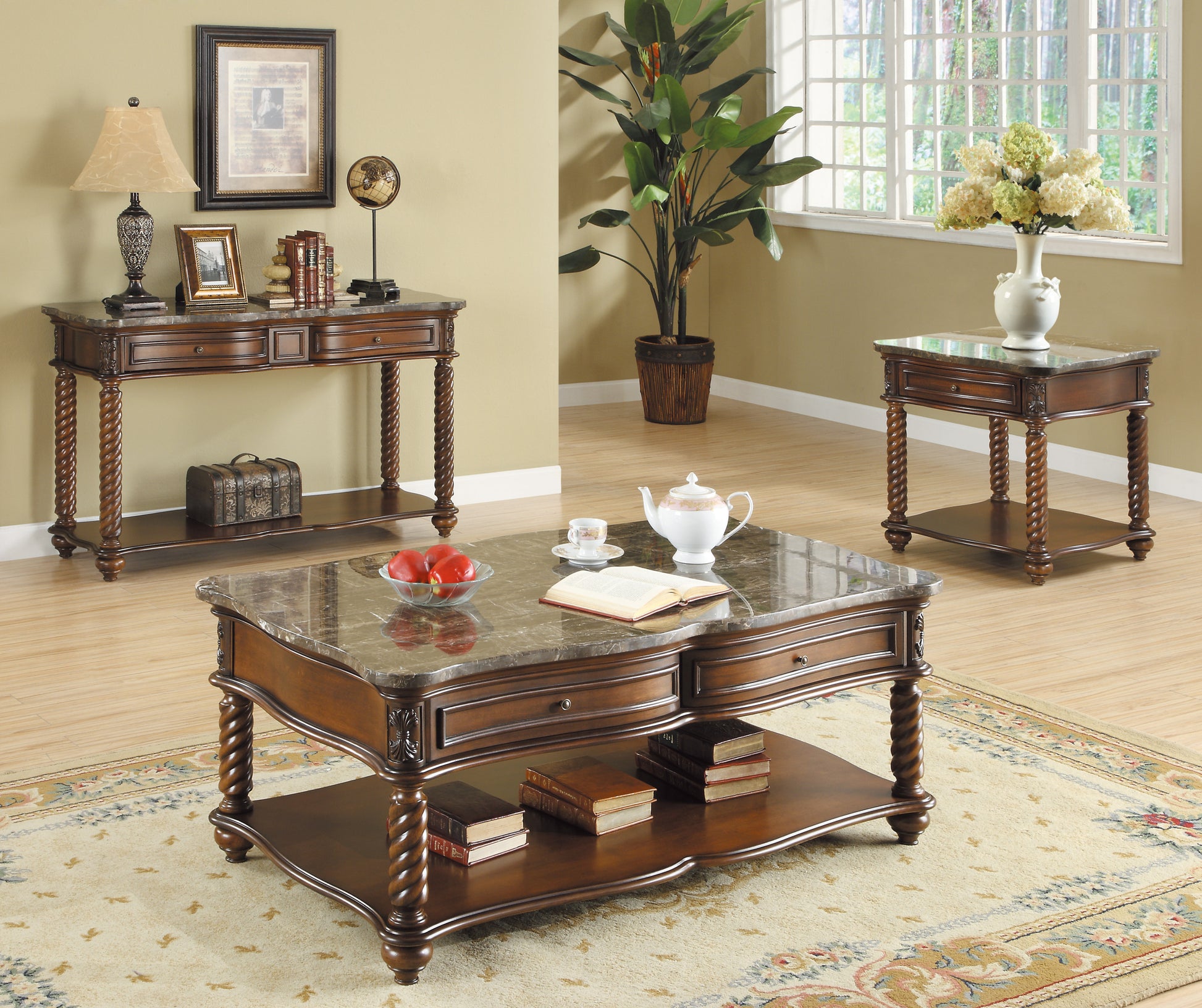 Traditional Formal Marble Top Cocktail Table with 2 mahogany-primary living