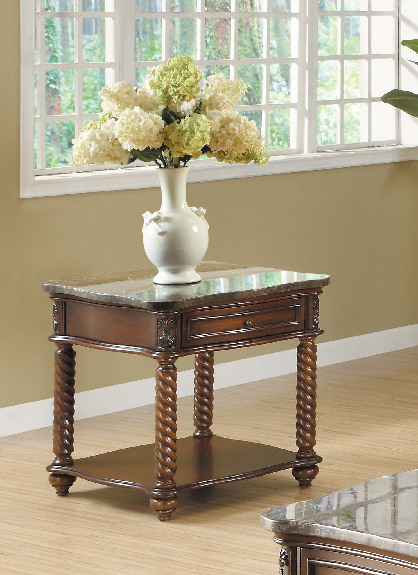 Traditional Formal Marble Top End Table with Drawer mahogany-primary living