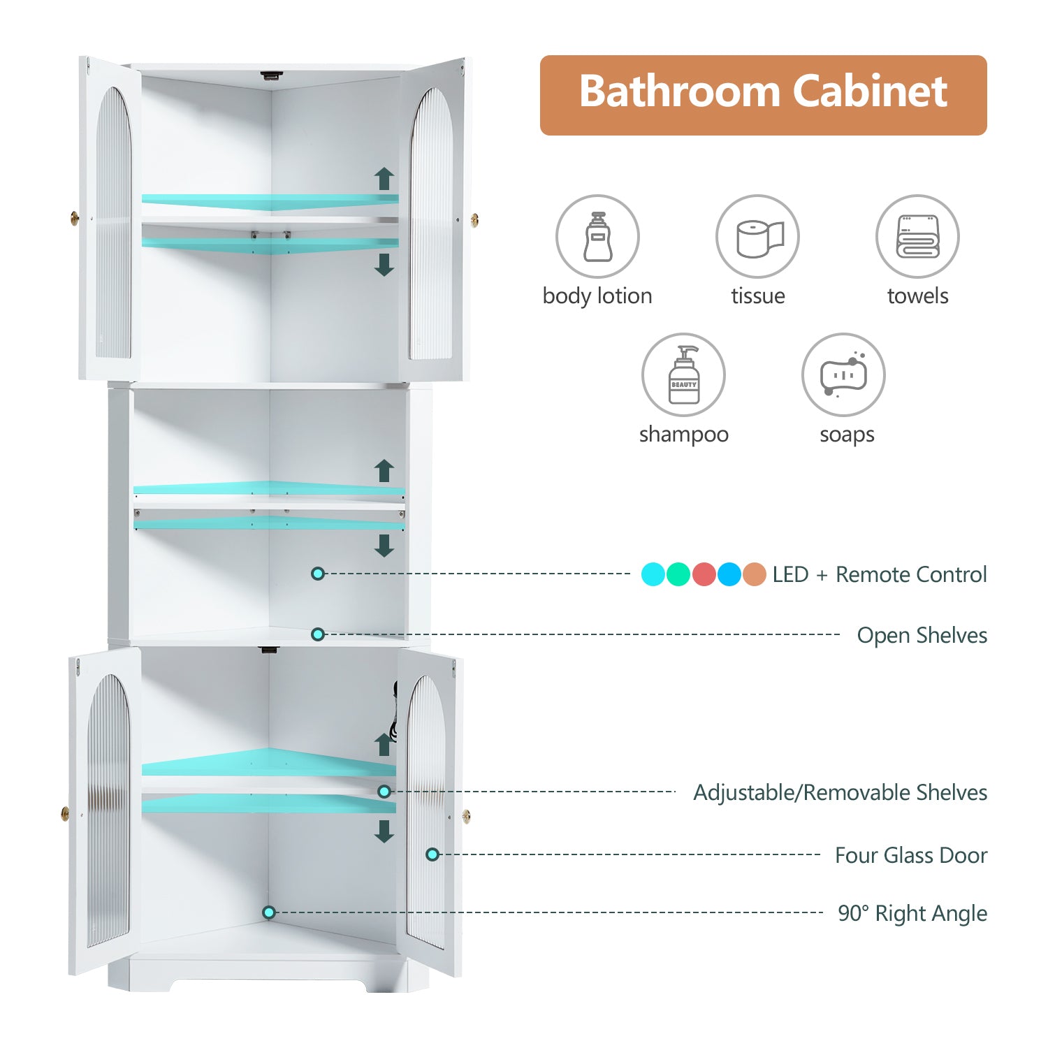 White Tall Corner Cabinet With Glass Doors & Led