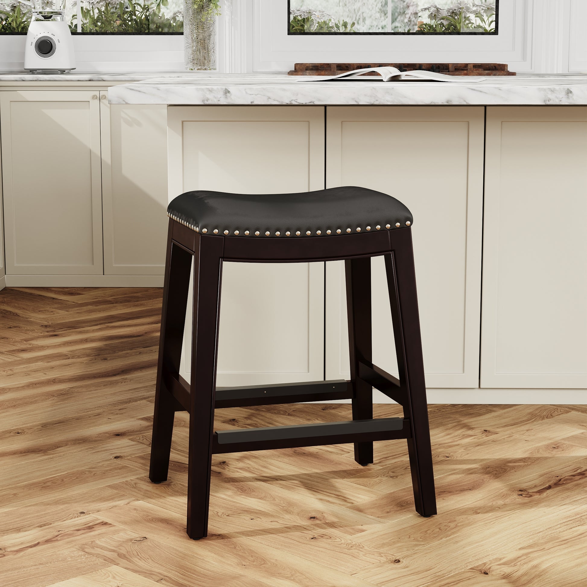 24" Counter Stool, Espresso Finish, Black Leather Seat espresso-bonded leather