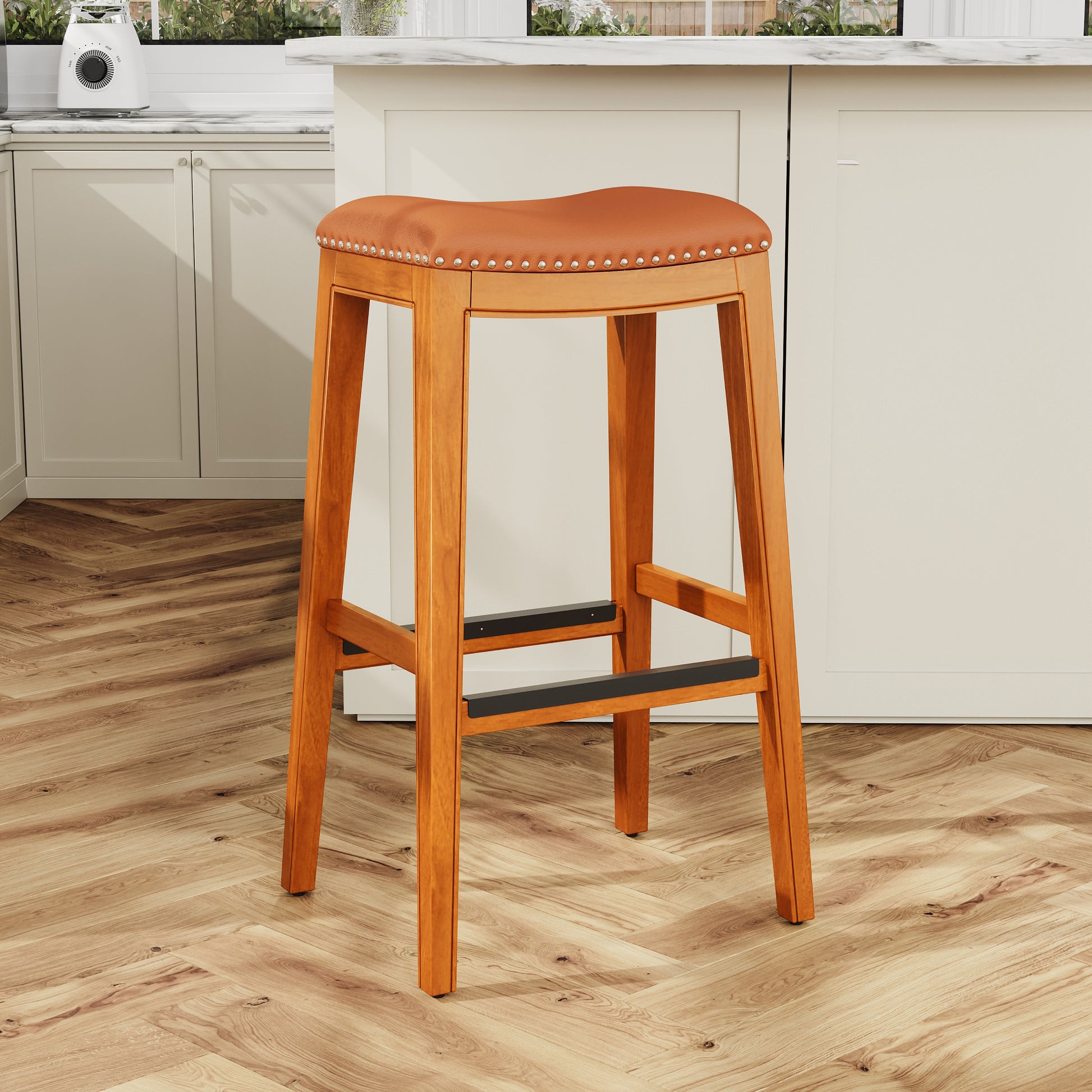 30" Bar Stool, Natural Finish, Saddle Leather Seat natural-bonded leather