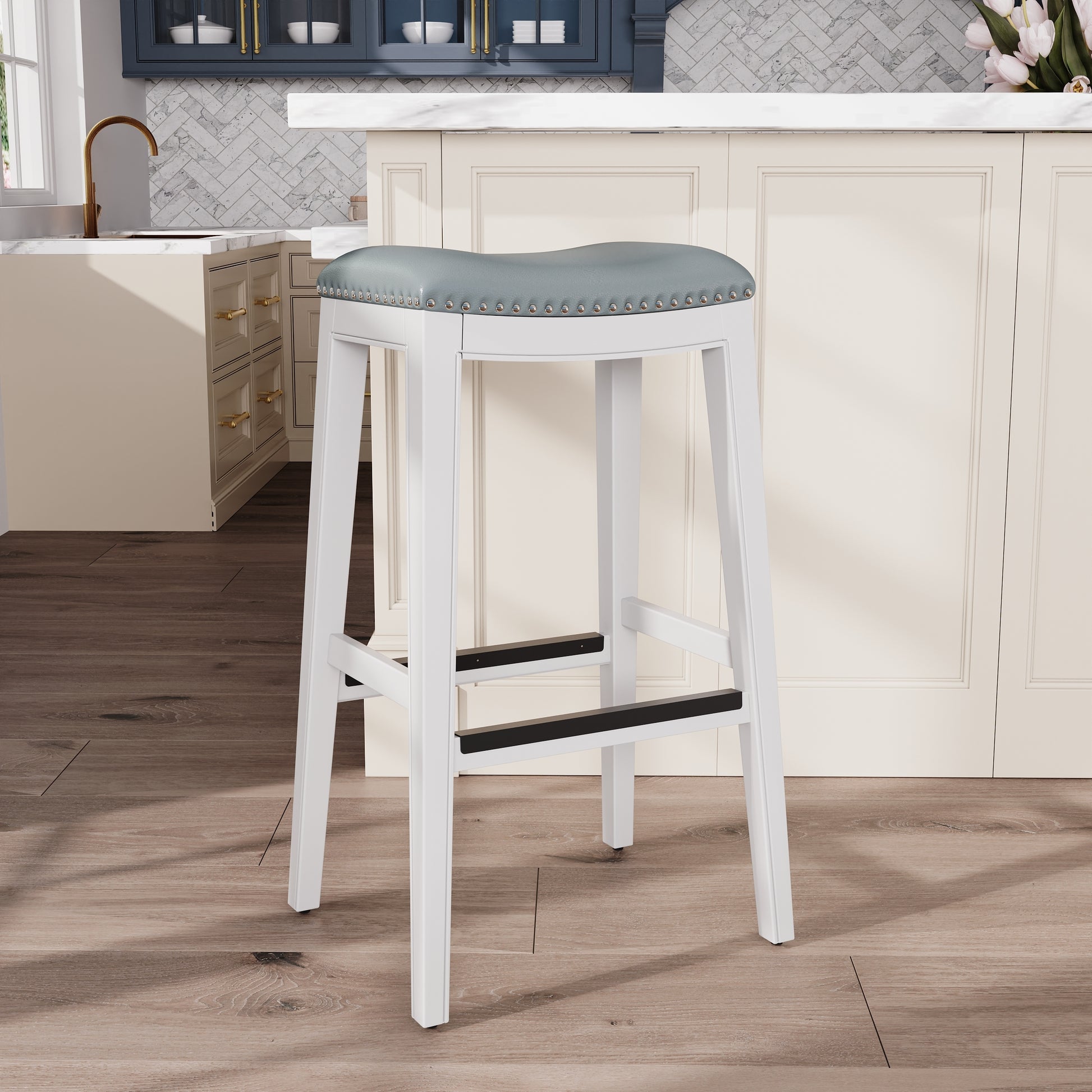 30" Bar Height Saddle Stool, White Finish, Gray white-polyester-bonded leather