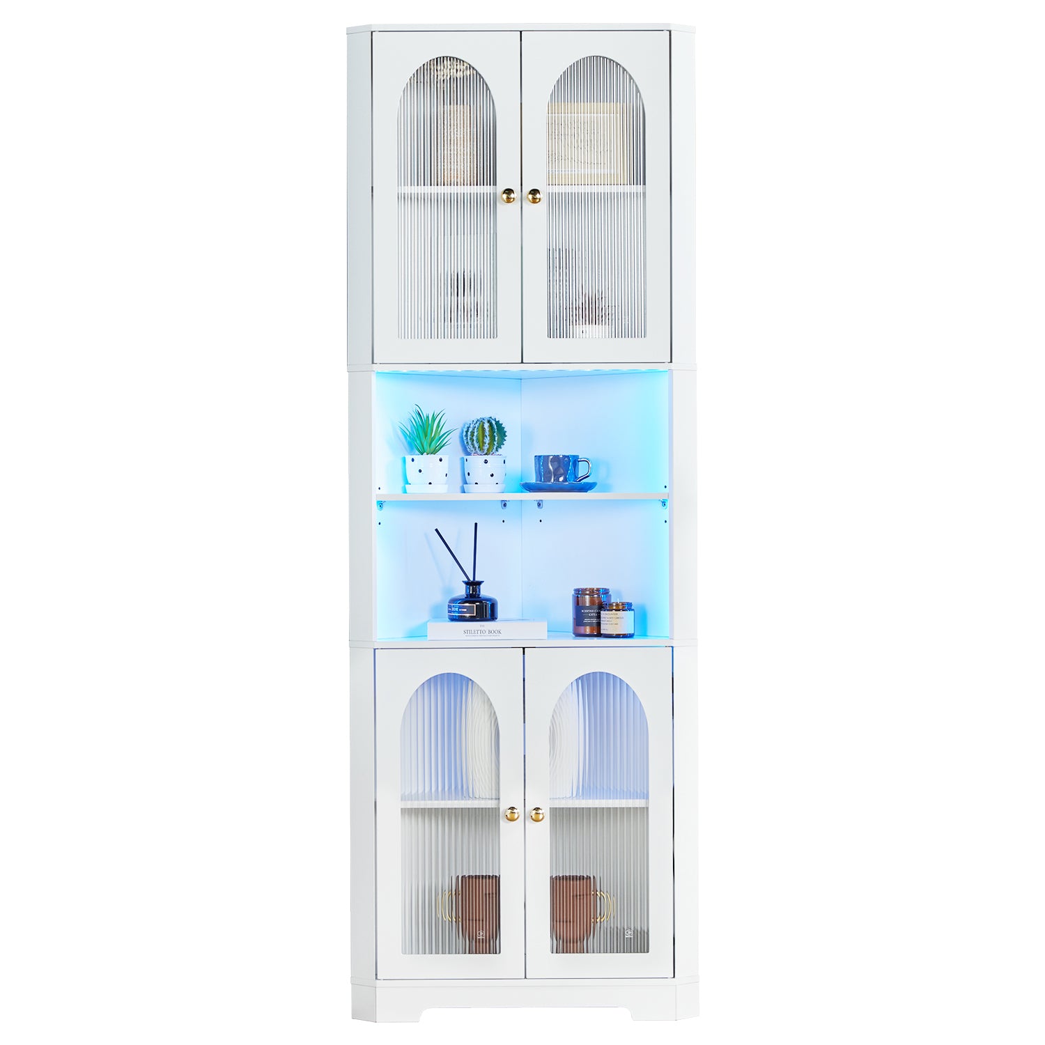 White Tall Corner Cabinet With Glass Doors & Led