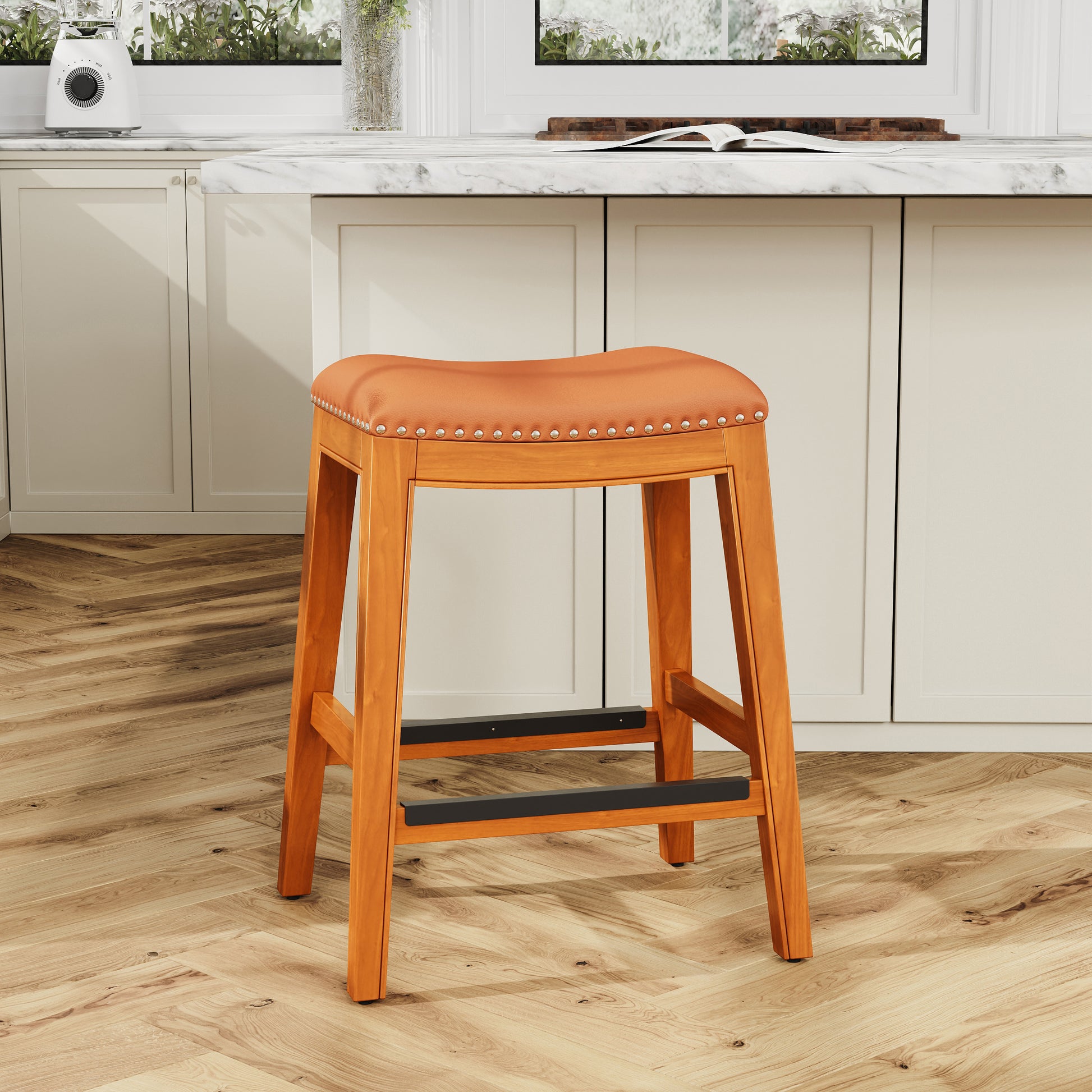 24" Counter Stool, Natural Finish, Saddle Leather Seat natural-bonded leather