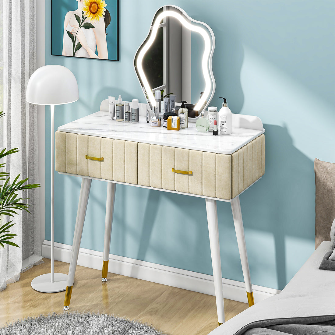 Vanity Desk With Mirror And Lights, Velvet Makeup
