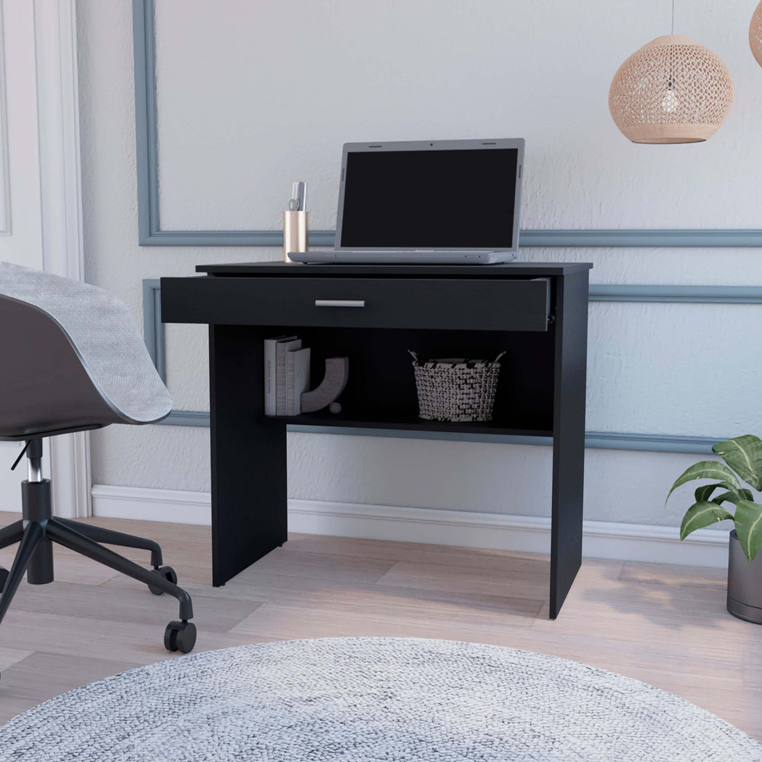 Chloe Black Storage Desk With Drawer And Shelf -