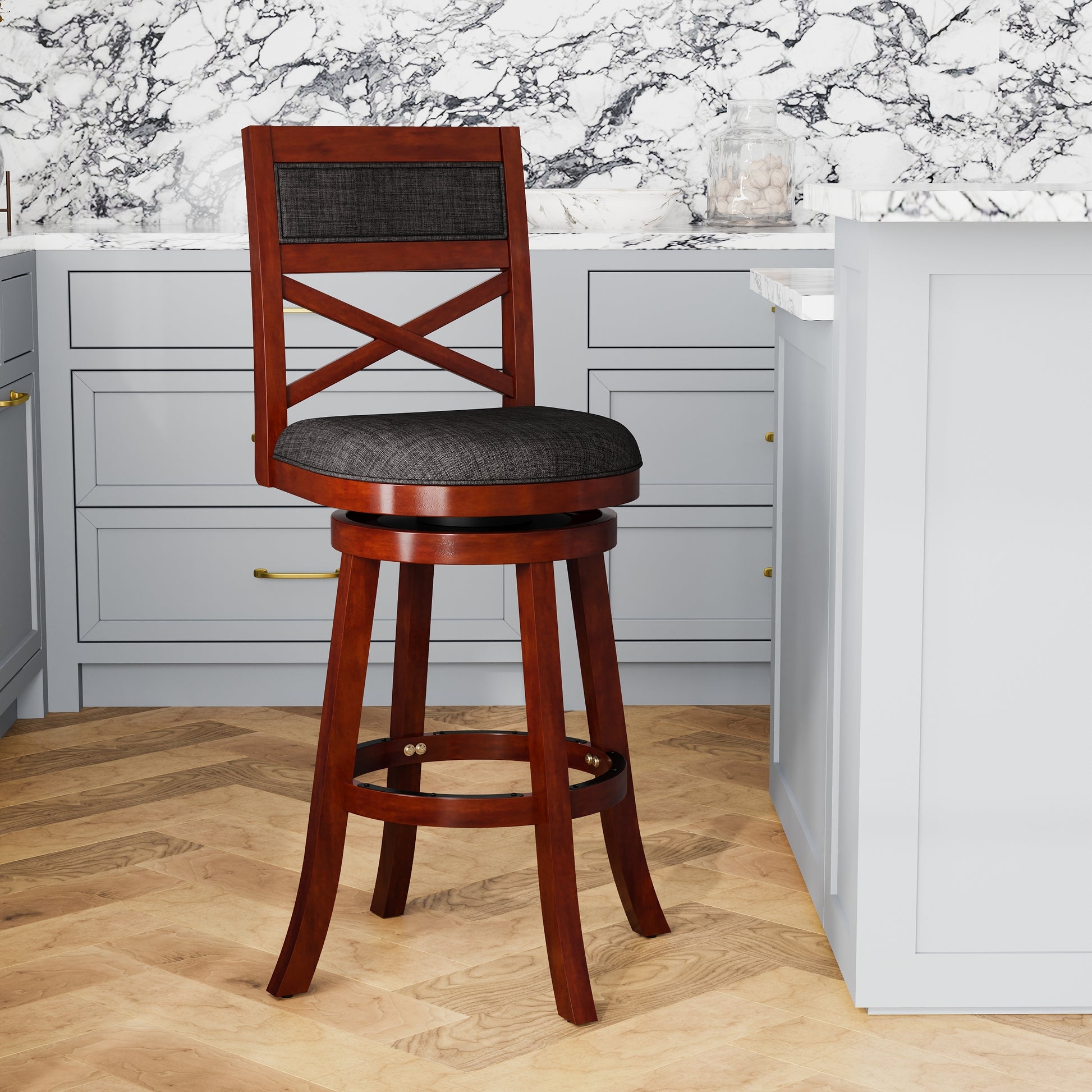 30" Bar Height X Back Swivel Stool, Stool, Cherry cherry-fabric