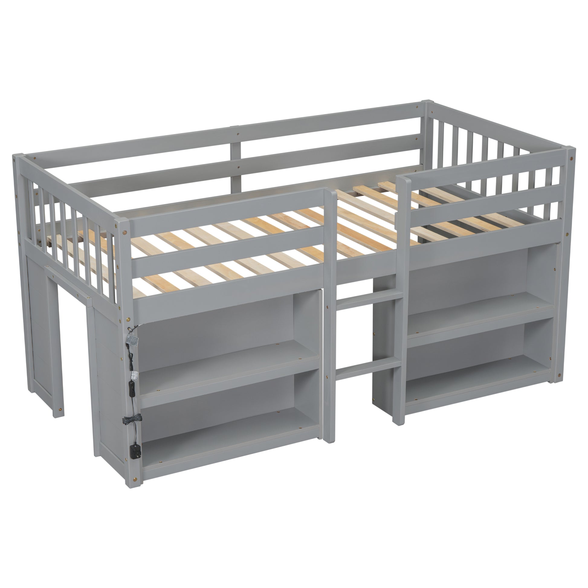 Twin Size Kid Low Loft Bed With Two Tier Shelves