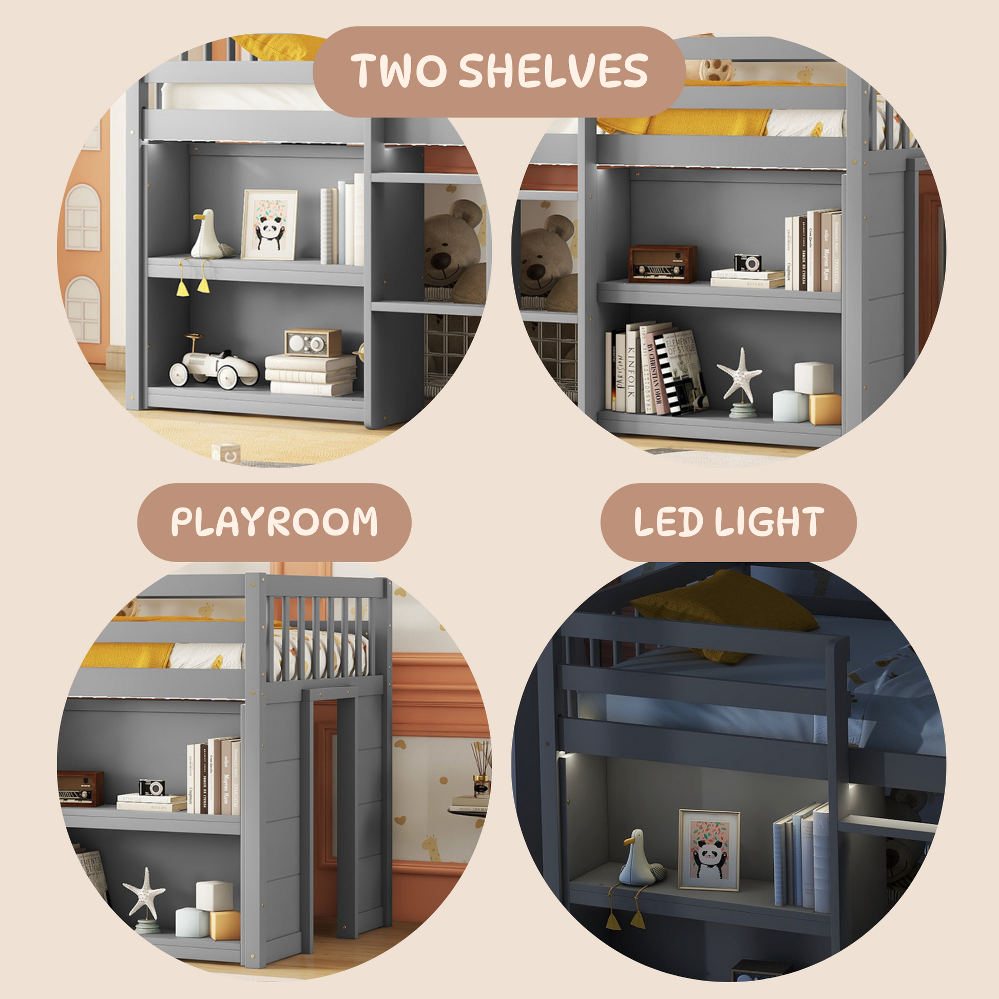 Twin Size Kid Low Loft Bed With Two Tier Shelves