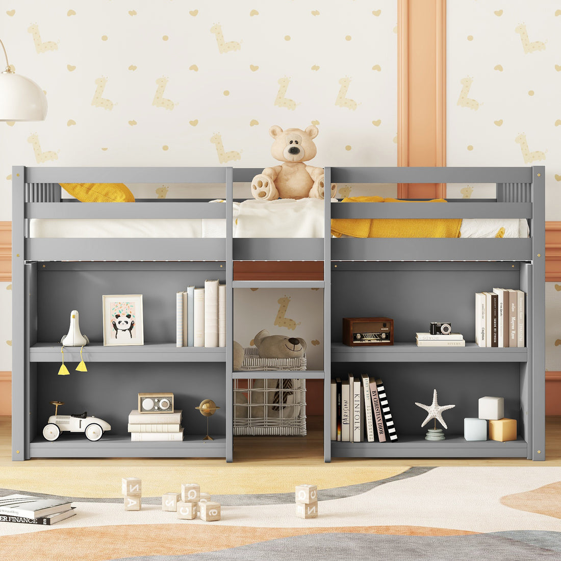 Twin Size Kid Low Loft Bed With Two Tier Shelves
