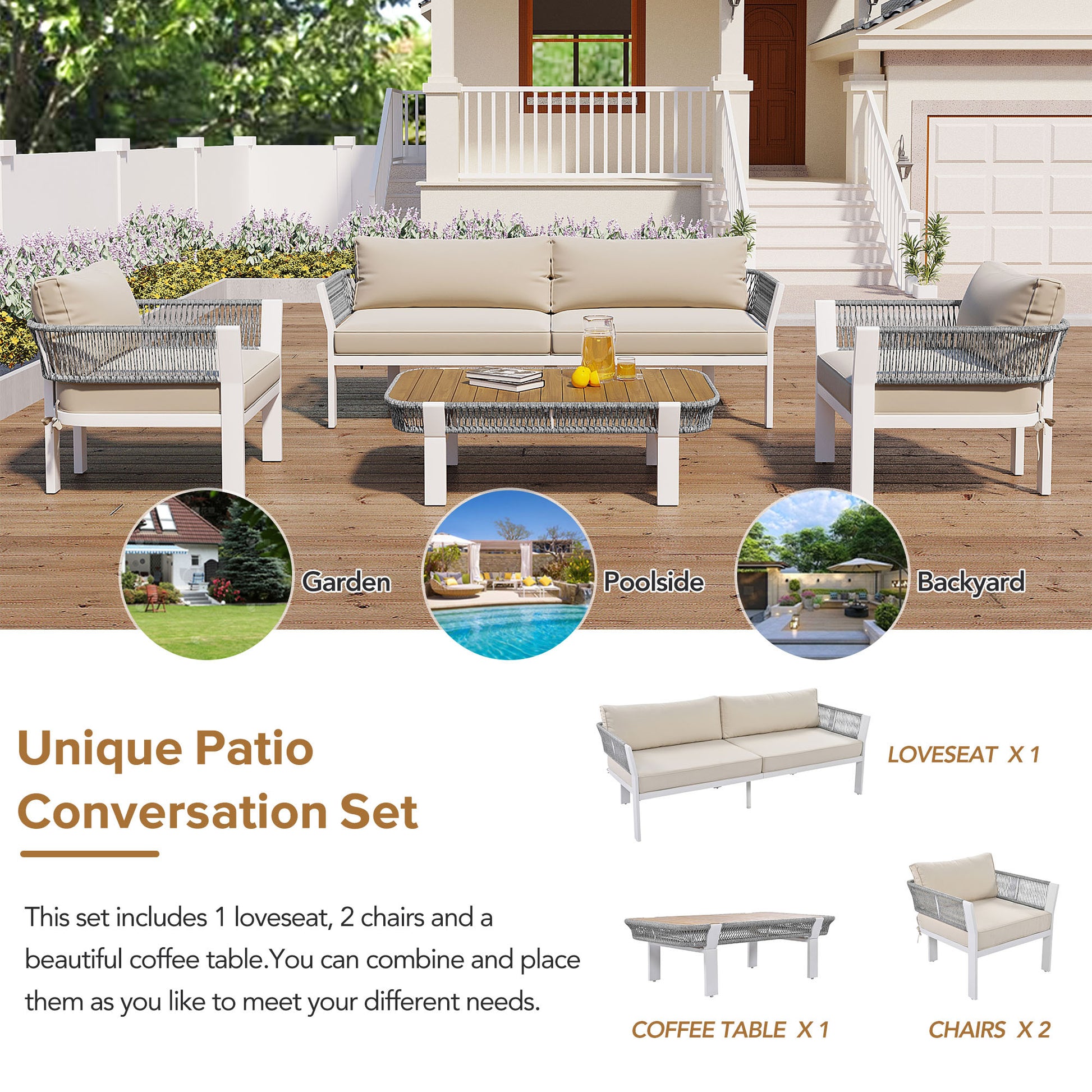 4 Piece Outdoor Patio Conversation Set with beige+grey-seats 4-garden & outdoor-complete