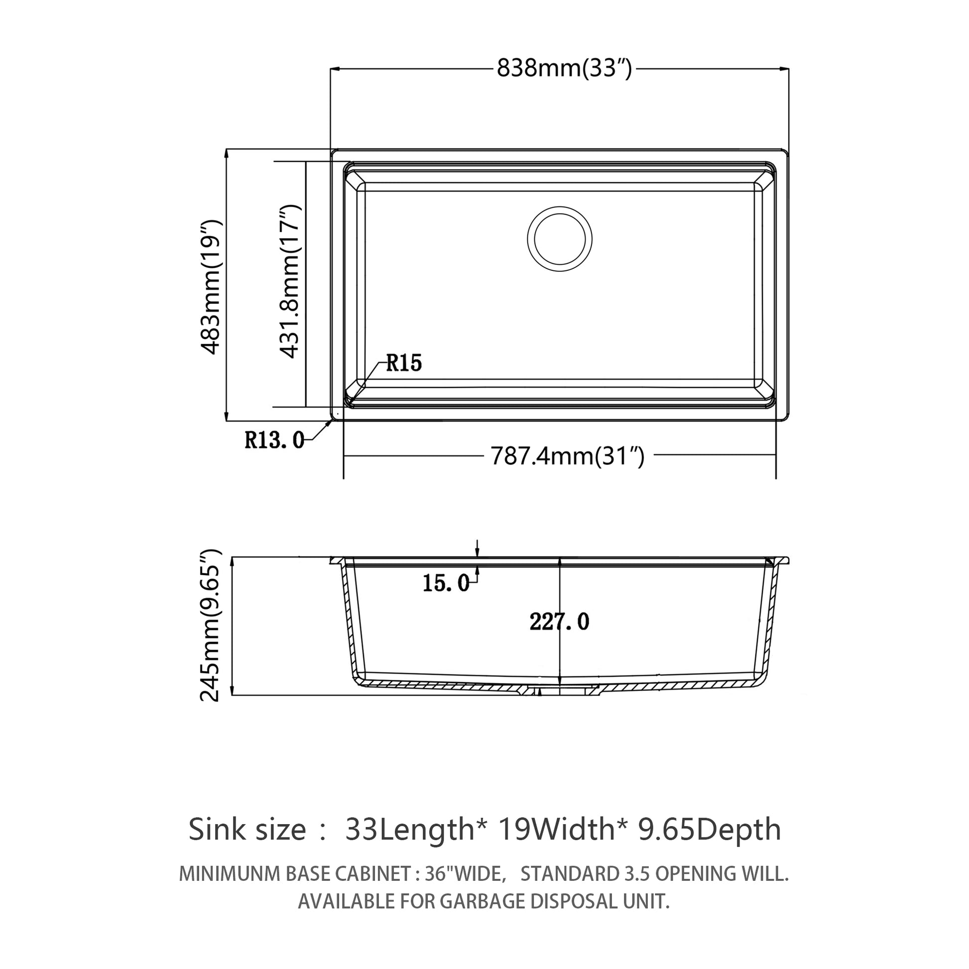 Quartz Kitchen Sink 33X19" White Granite