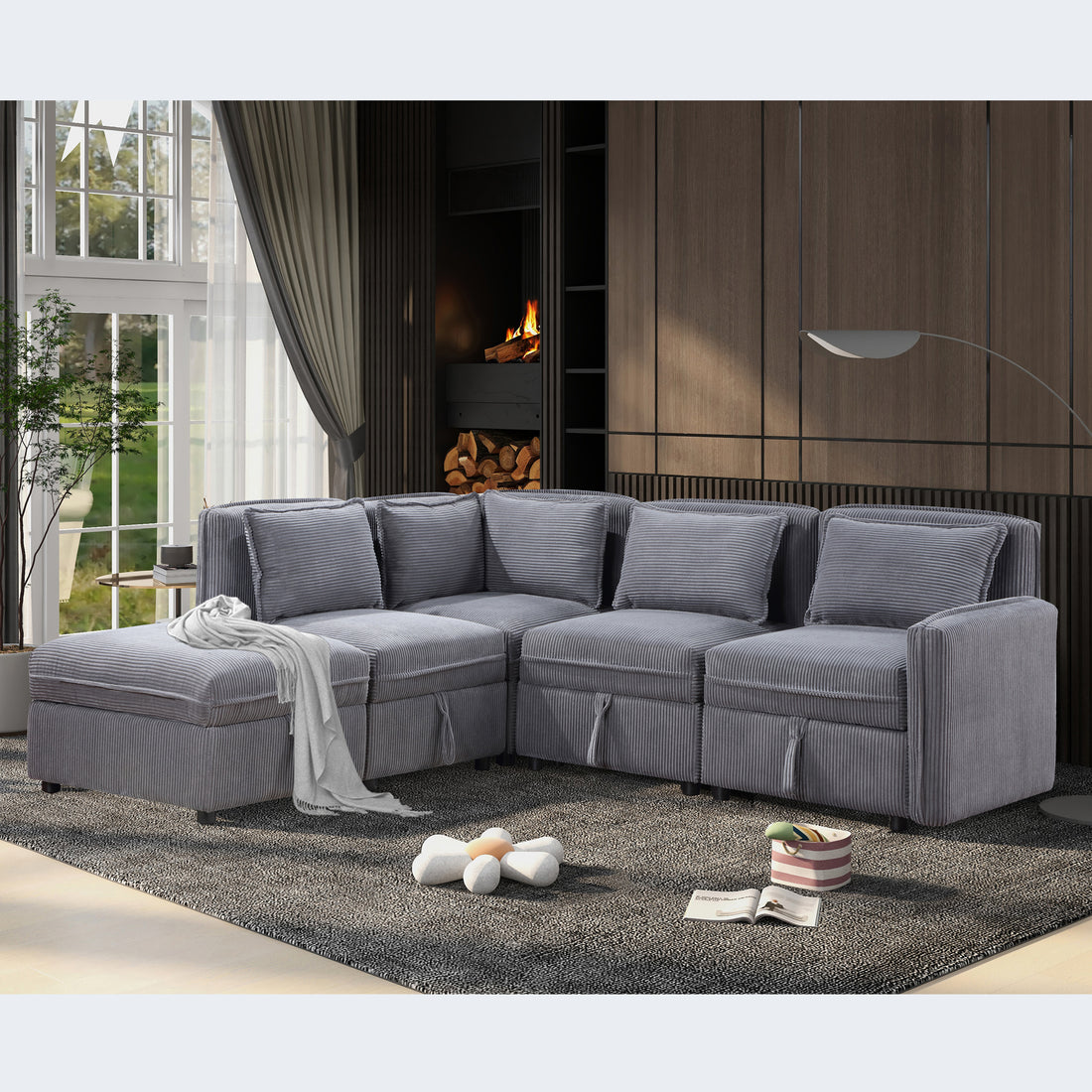 Modular Sofa set with storage dark gray-wood-corduroy-5 seat