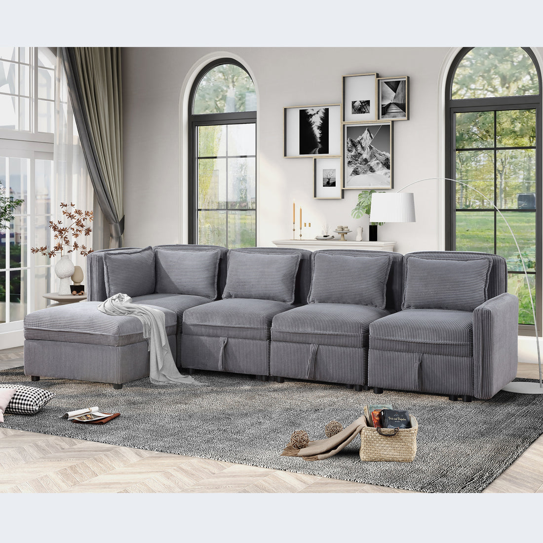 Modular Sofa set with storage dark gray-wood-corduroy-5 seat