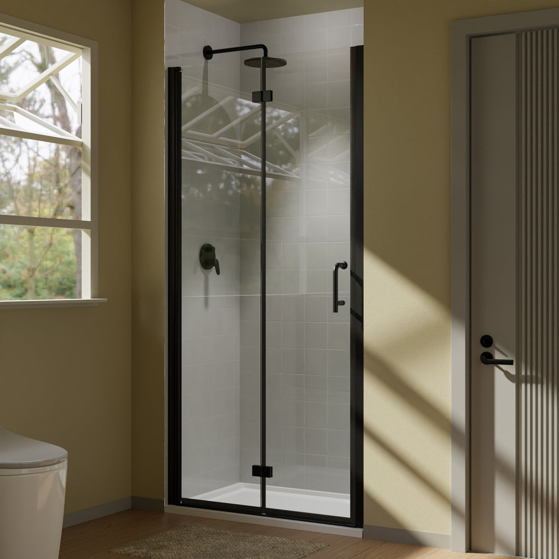 36 37.5" W X 72" H Black Pivot Bifold Shower -