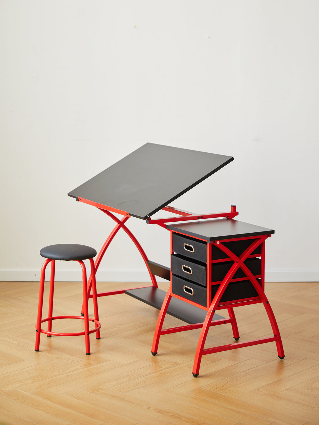 Drafting Table Red With Stool - Red Mdf Metal