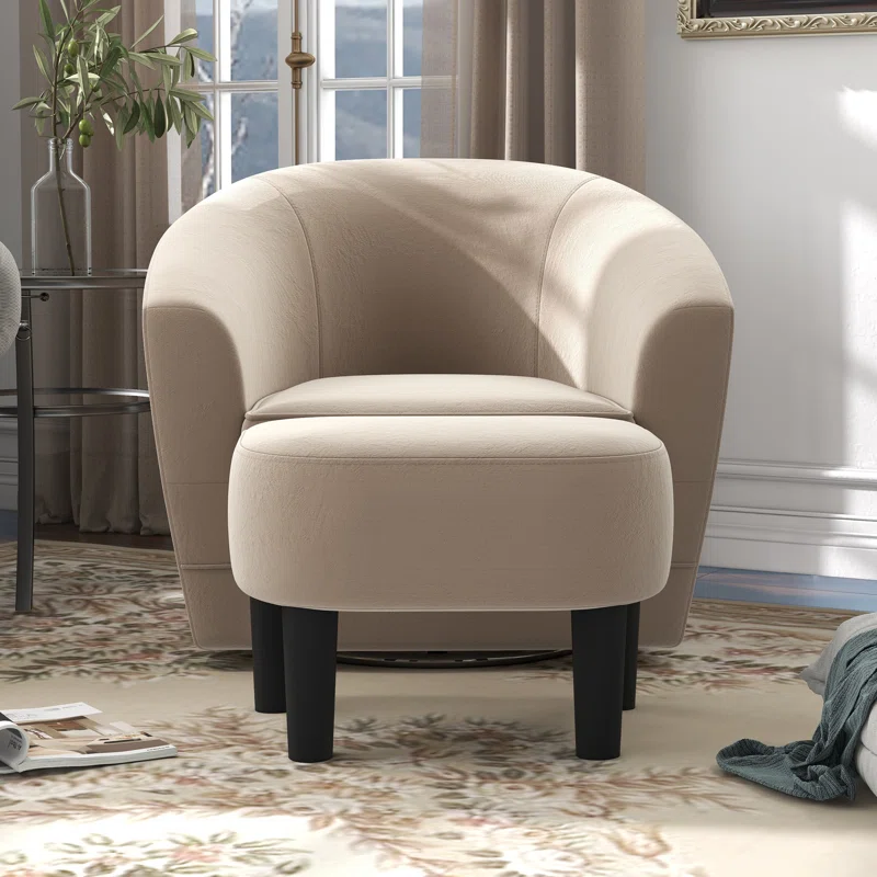 Upholstered Swivel Barrel Chair With Ottoman -