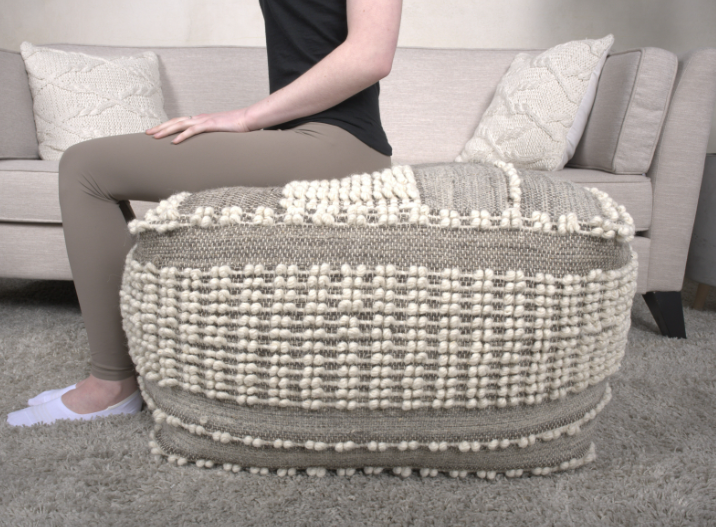 Rustic Wool and Cotton Large Pouf, Brown