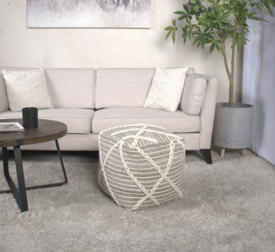 Rope Square Pouf, Gray and Ivory