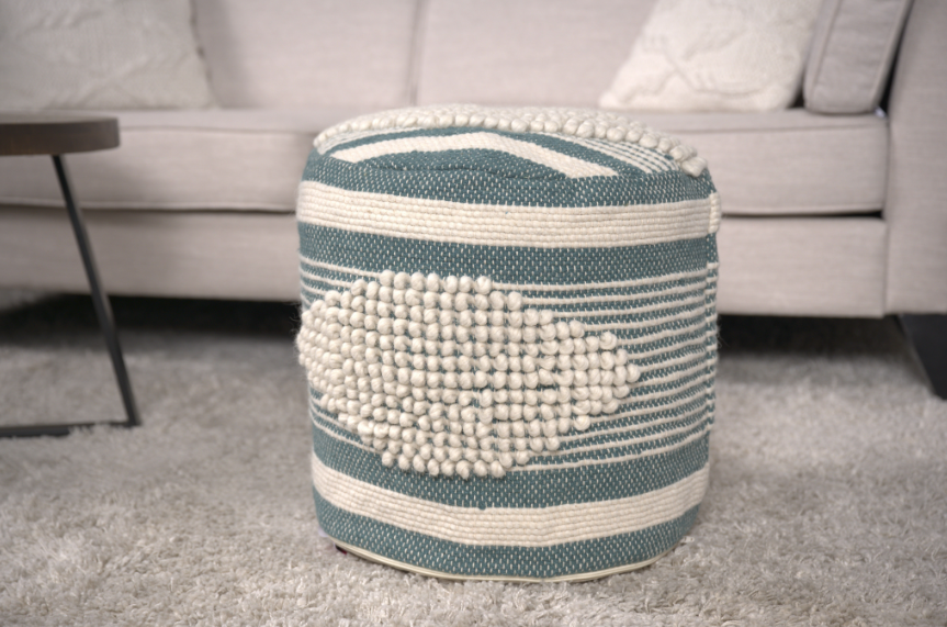 Diamond Handcrafted Fabric Cylindrical Pouf, White and teal-fabric