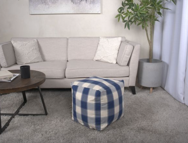 Connor Checkered Square Pouf, Ivory and Navy Blue