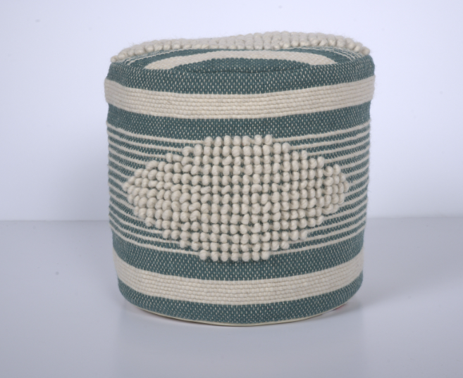 Diamond Handcrafted Fabric Cylindrical Pouf, White and teal-fabric