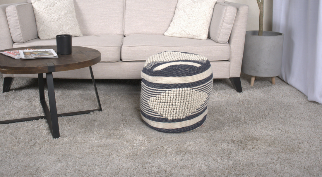 Diamond Handcrafted Fabric Cylindrical Pouf, White and dark blue-fabric
