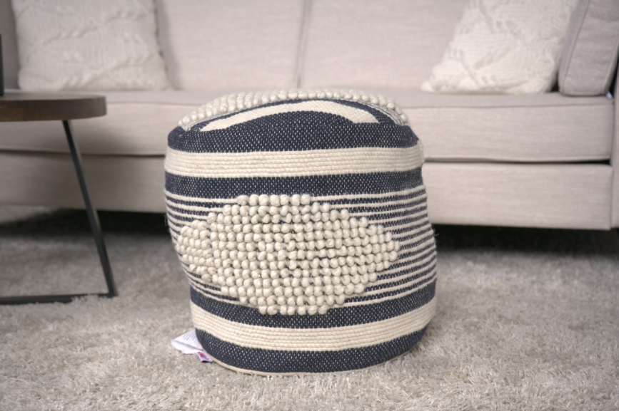 Diamond Handcrafted Fabric Cylindrical Pouf, Beige and dawn grey-fabric