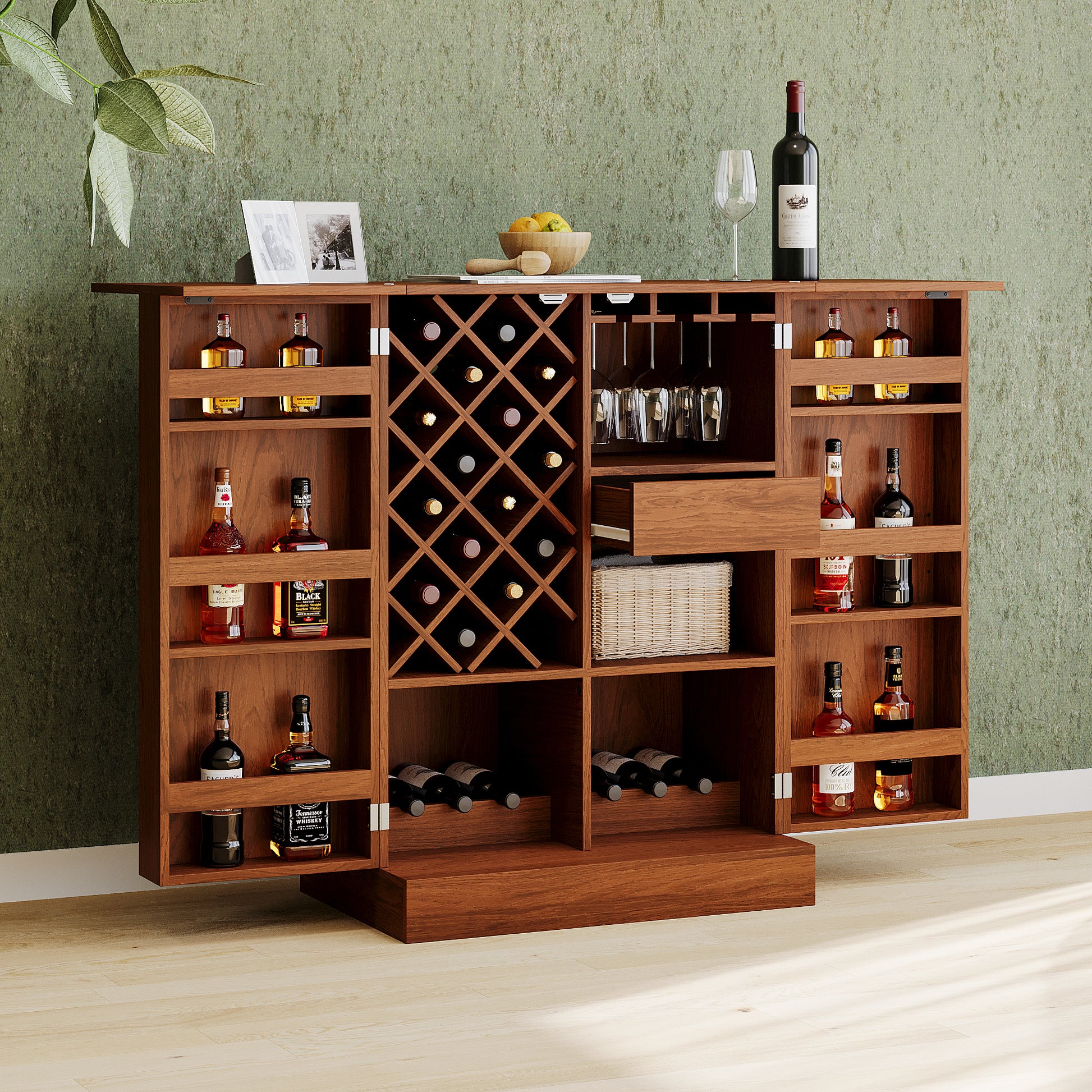 41.9" Home Bar Cabinet, Industrial Walnut Rattan