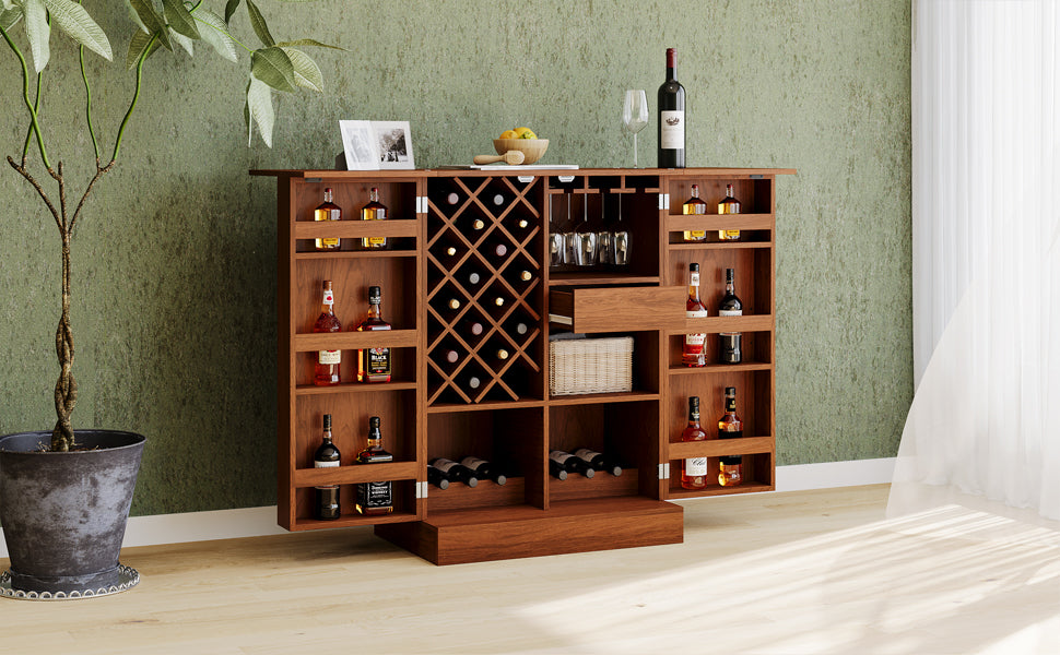 41.9" Home Bar Cabinet, Industrial Walnut Rattan