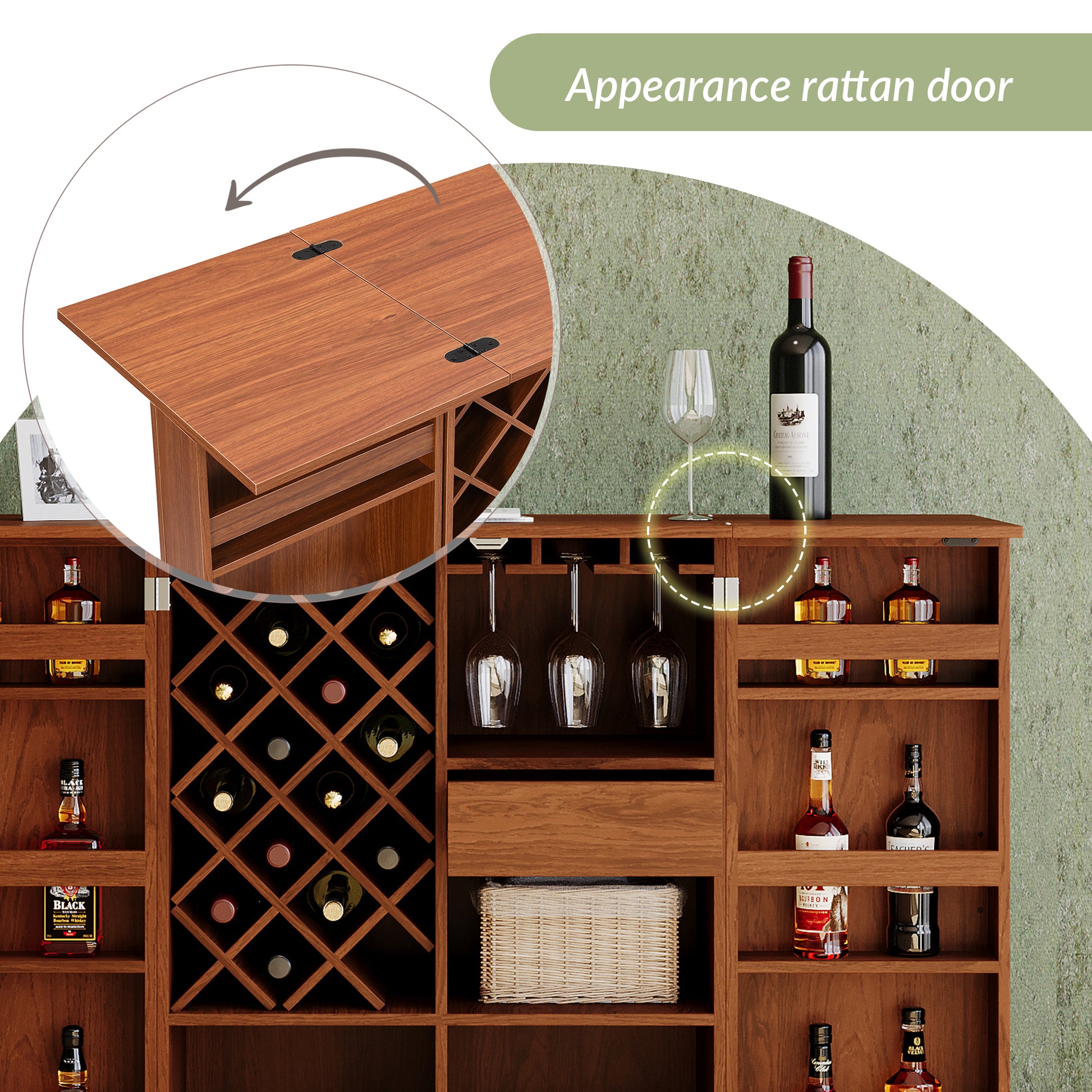 41.9" Home Bar Cabinet, Industrial Walnut Rattan