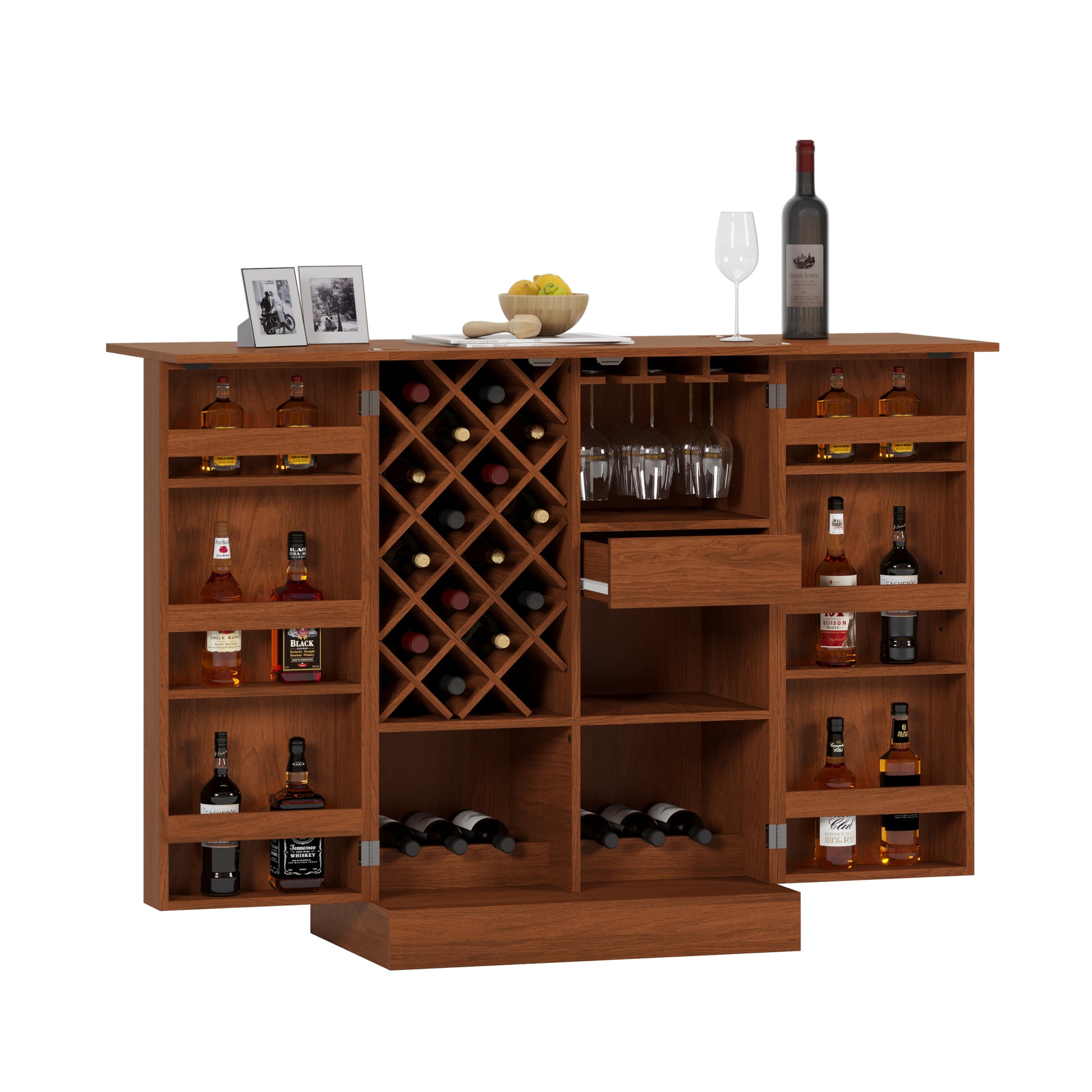 41.9" Home Bar Cabinet, Industrial Walnut Rattan