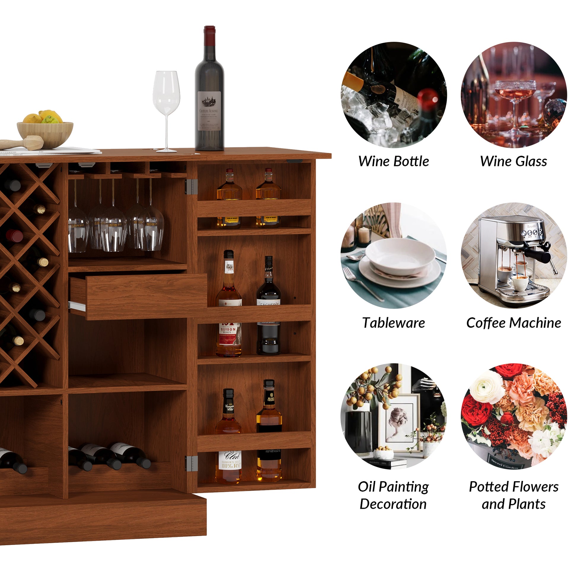 41.9" Home Bar Cabinet, Industrial Walnut Rattan