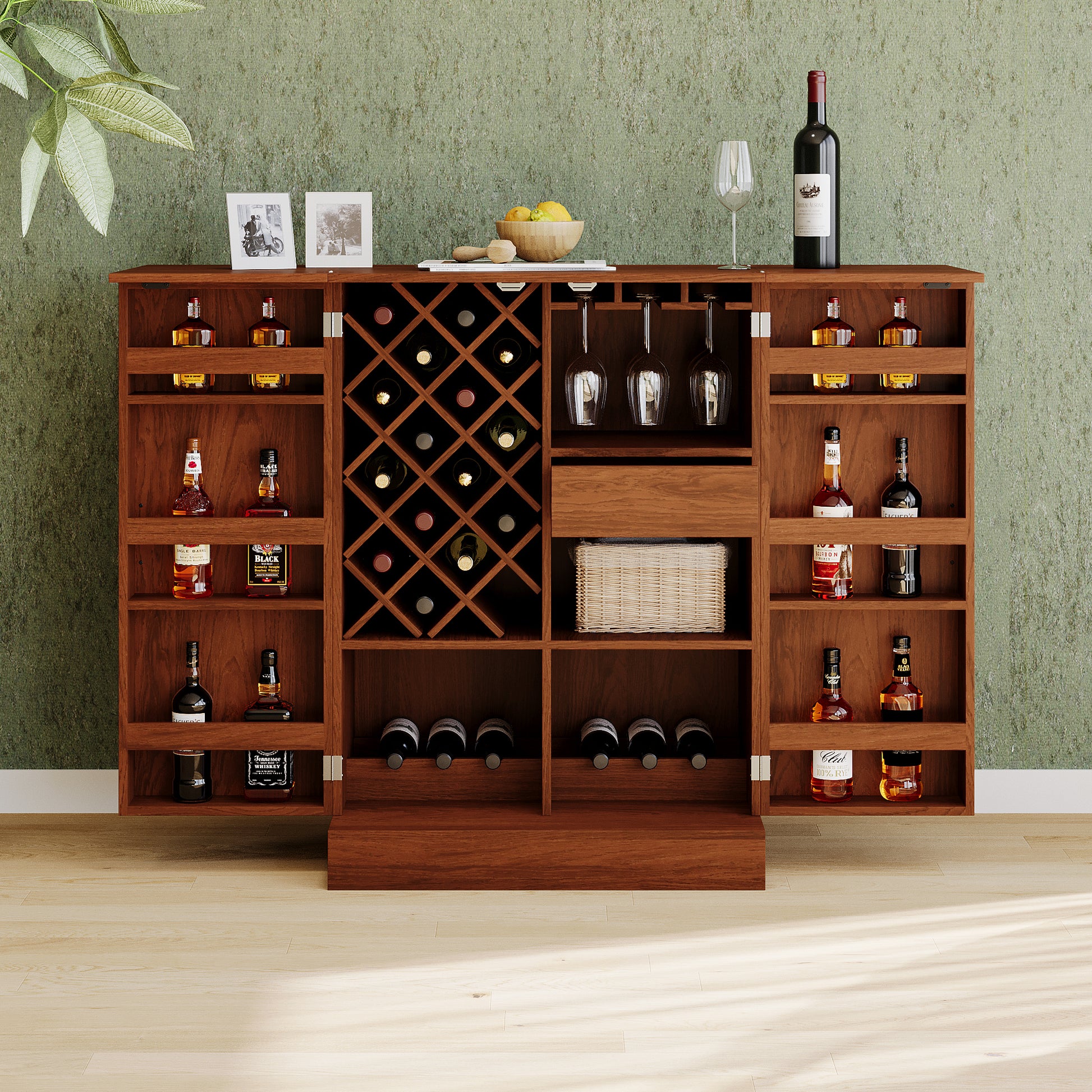 41.9" Home Bar Cabinet, Industrial Walnut Rattan