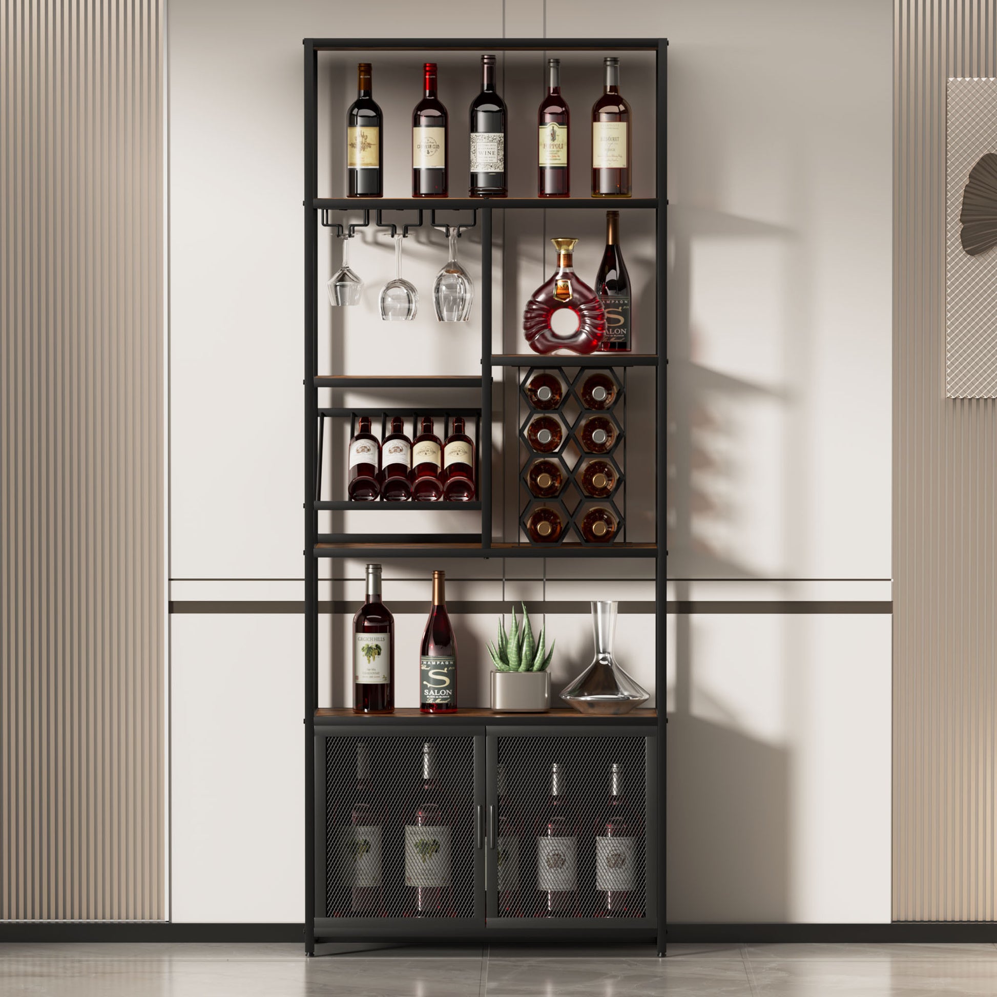 82.7" Industrial Standing Wine Rack With Glass