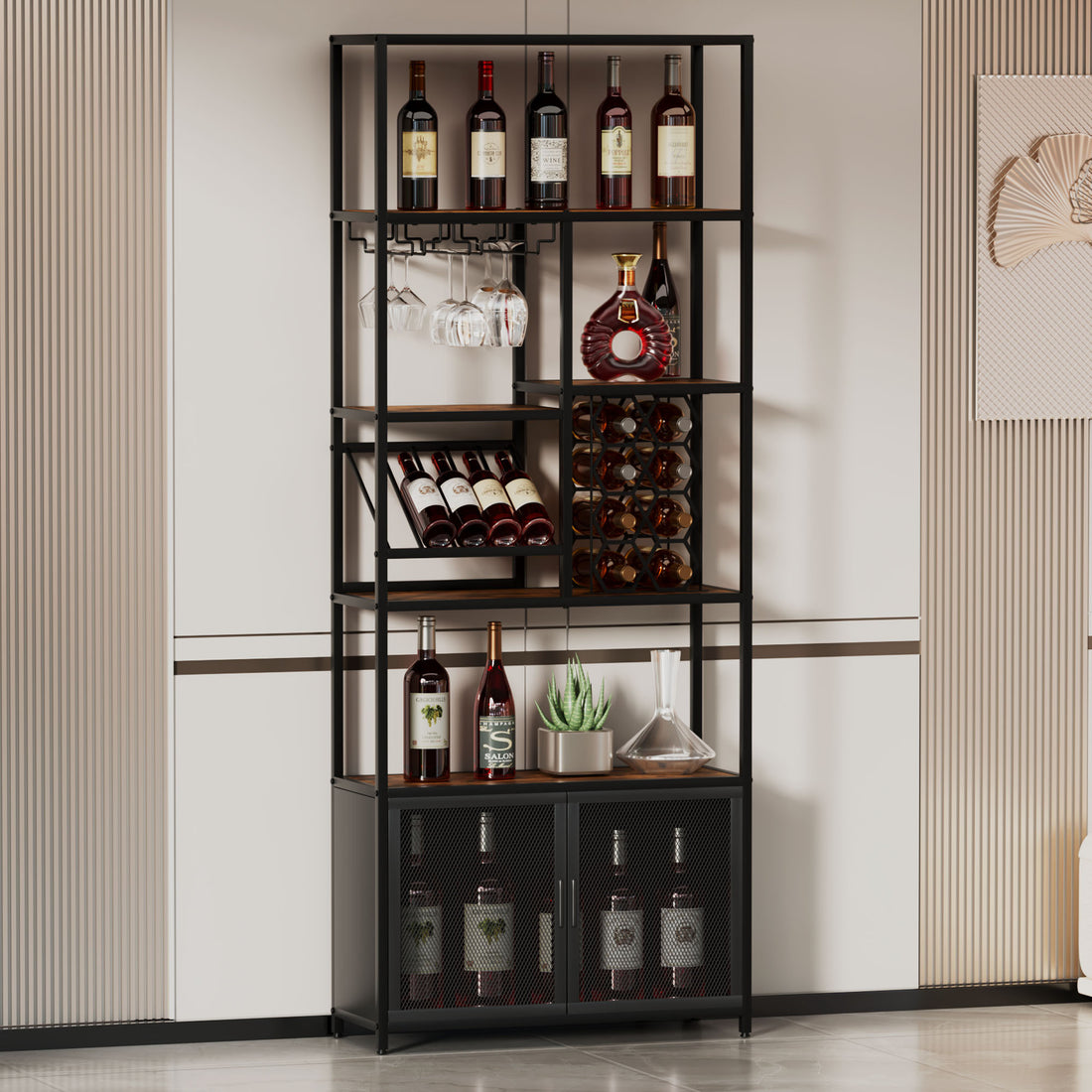 82.7" Industrial Standing Wine Rack With Glass