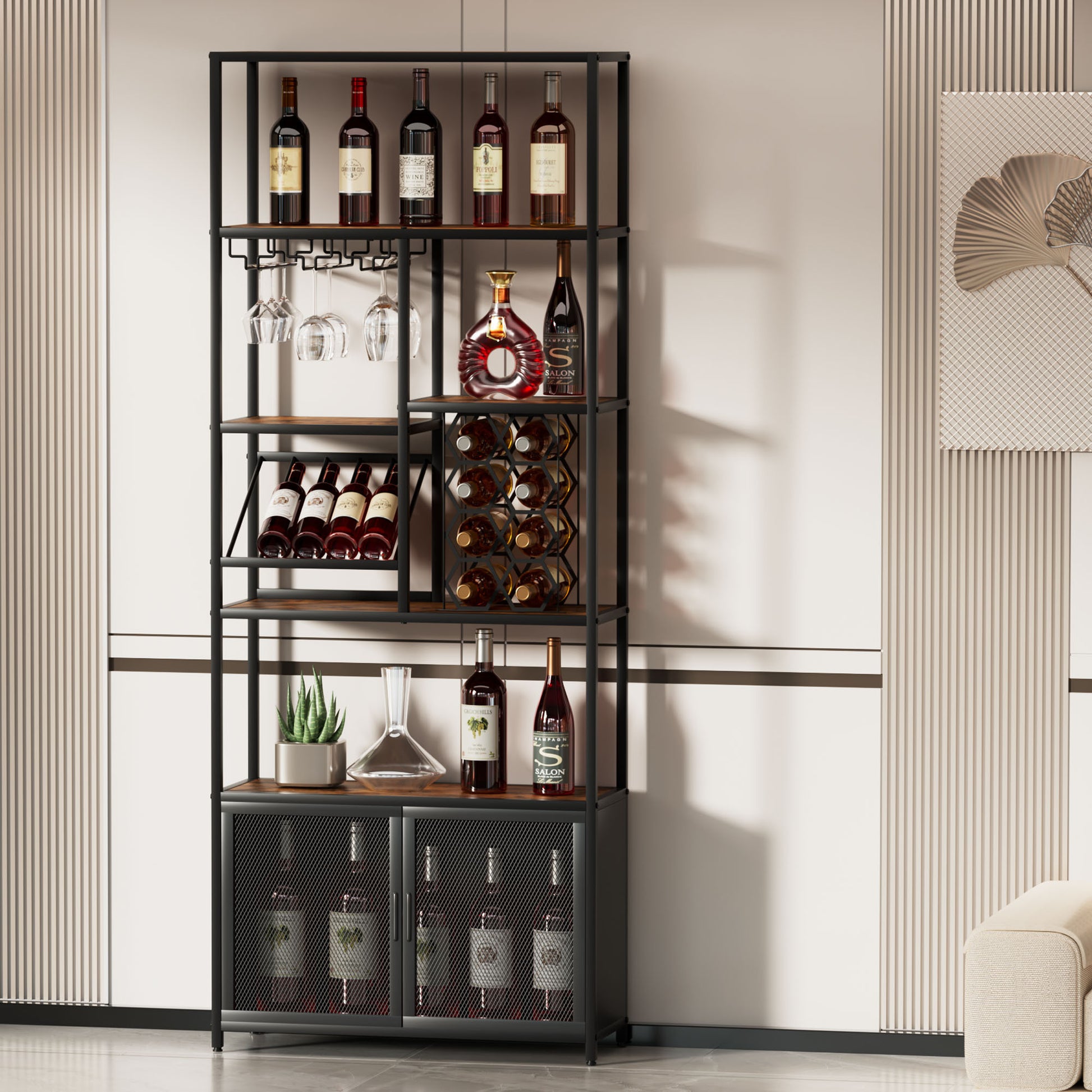 82.7" Industrial Standing Wine Rack With Glass