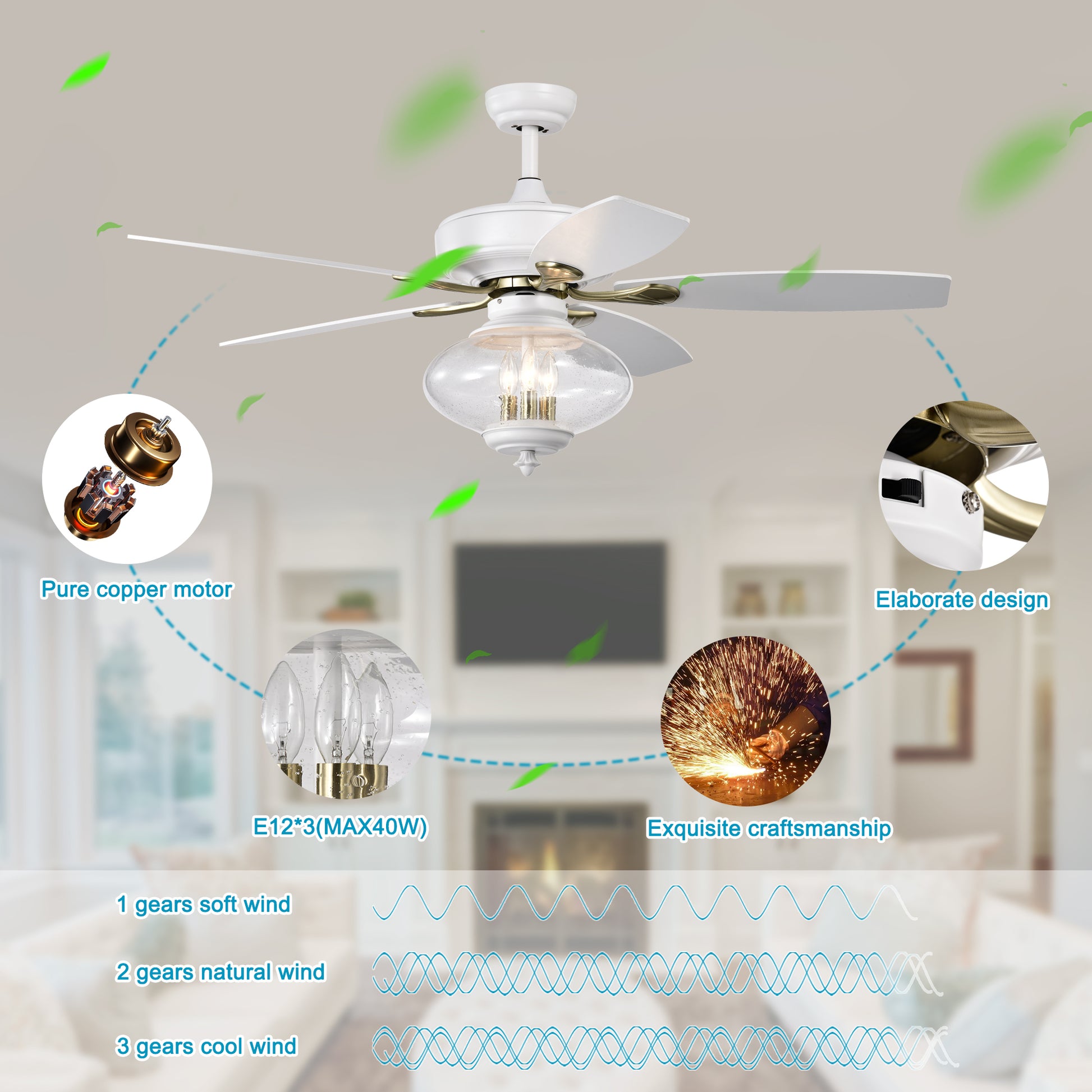 52'' Low Profile Ceiling Fanwhite Modern Ceiling