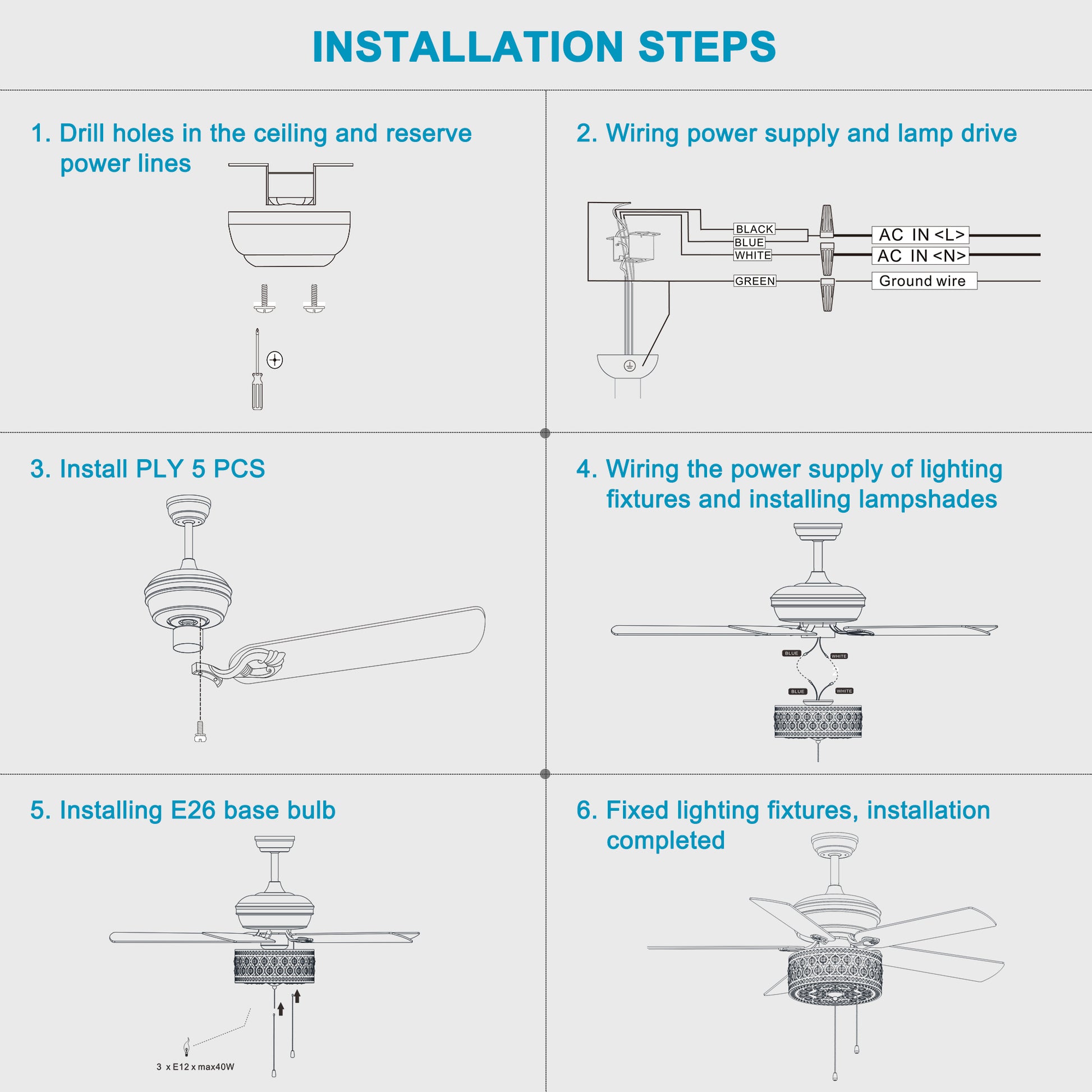 52'' Ceiling Fan 5 Reversible Blades For Living