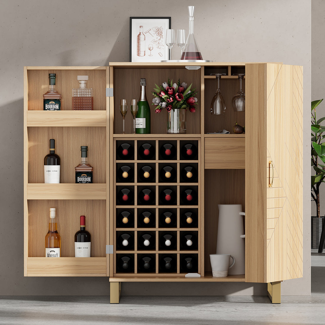 42.5" Modern Home Bar Cabinet Carved Wine Cabinet