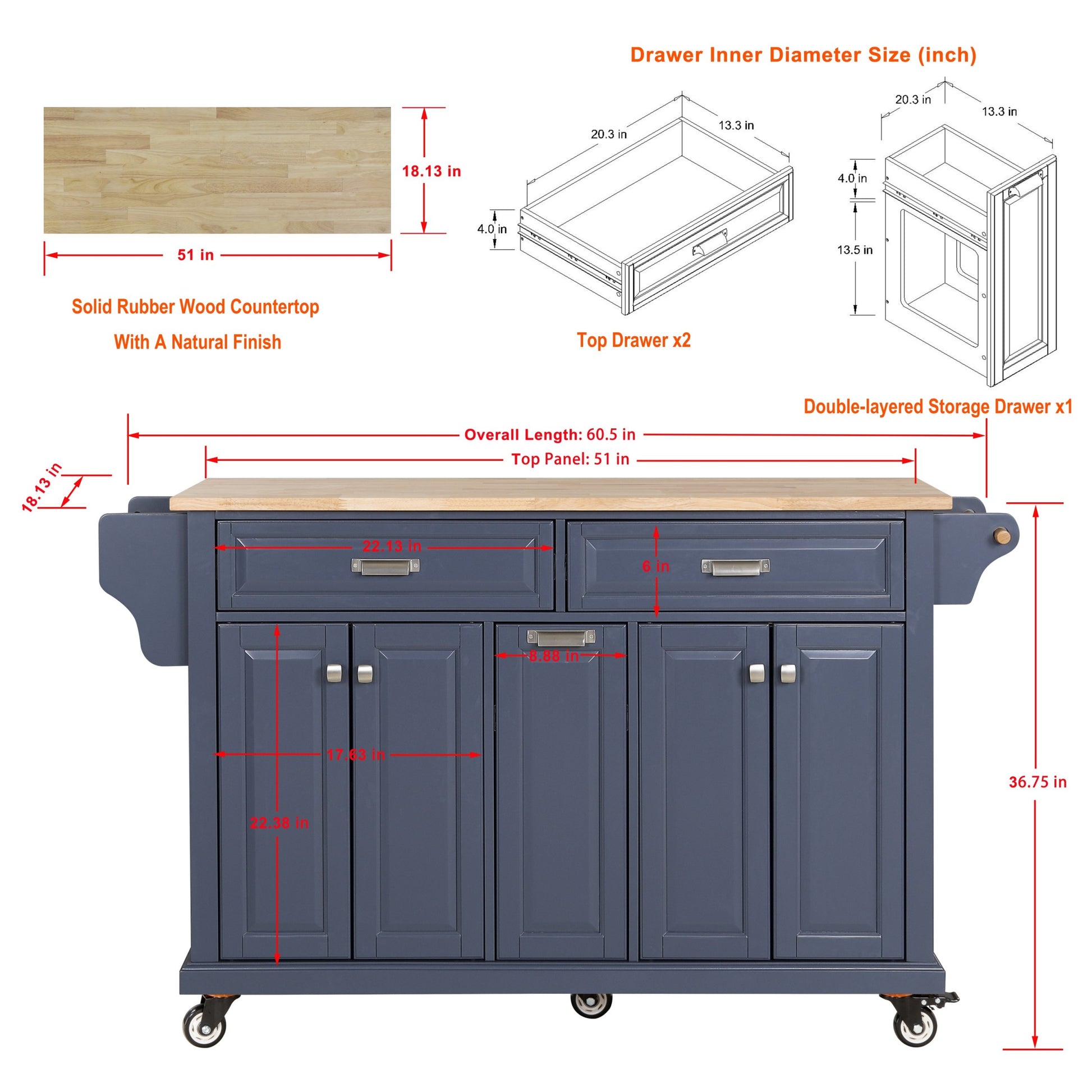 Cambridge Natural Wood Top Kitchen Island With