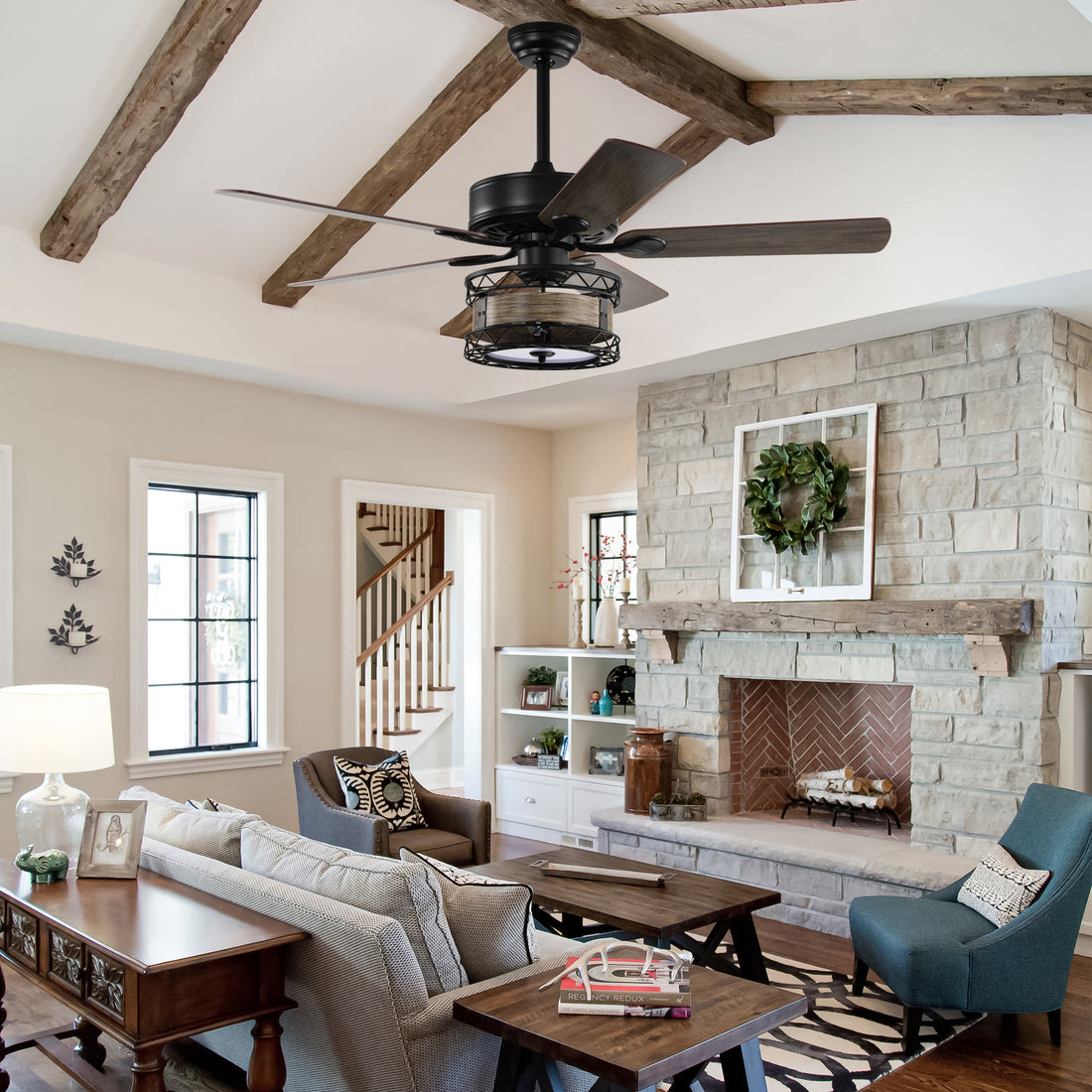 52 Inch Farmhouse 3 Lights Ceiling Fan With 5