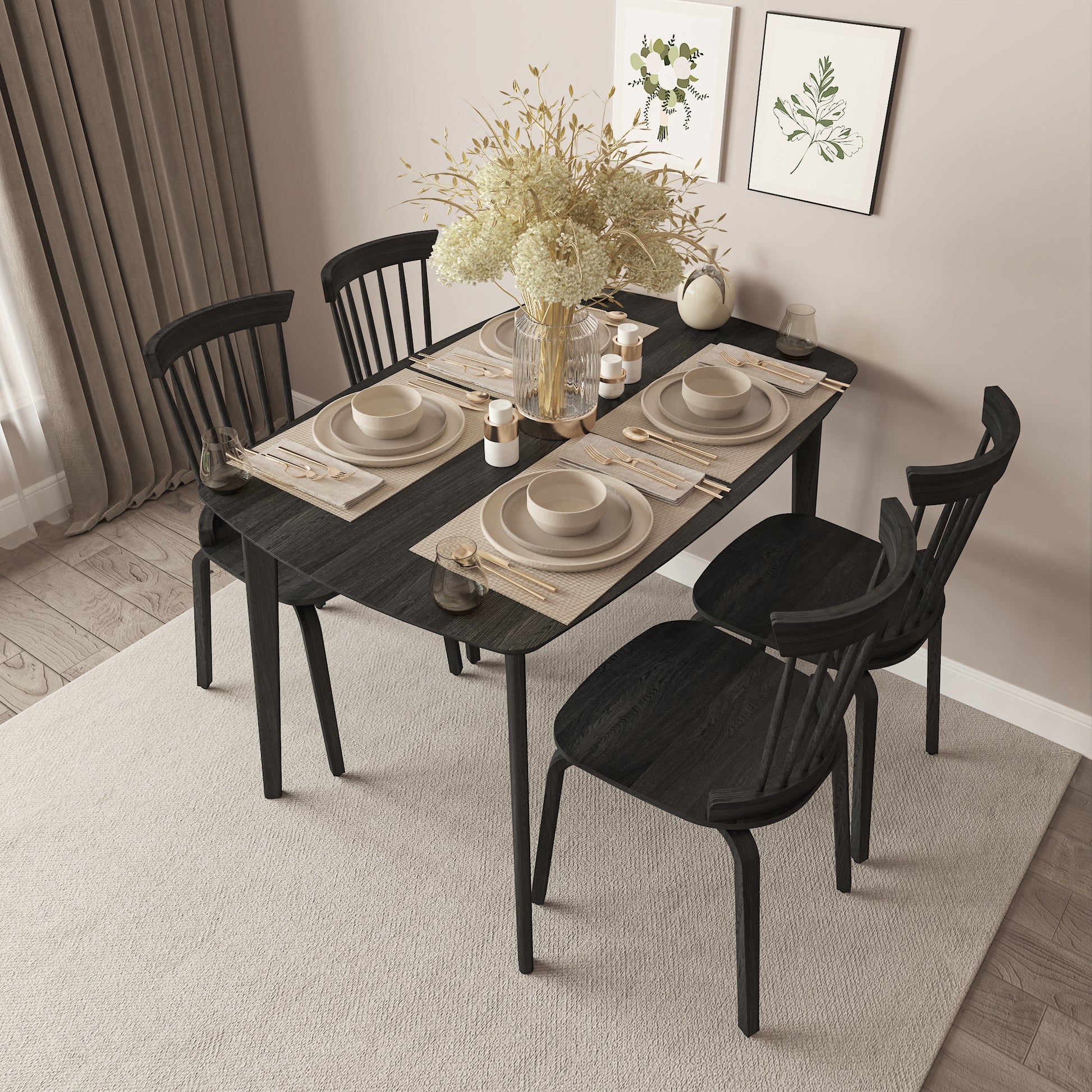 Solid Wood Dining Table With 4 Solid Wood Slat