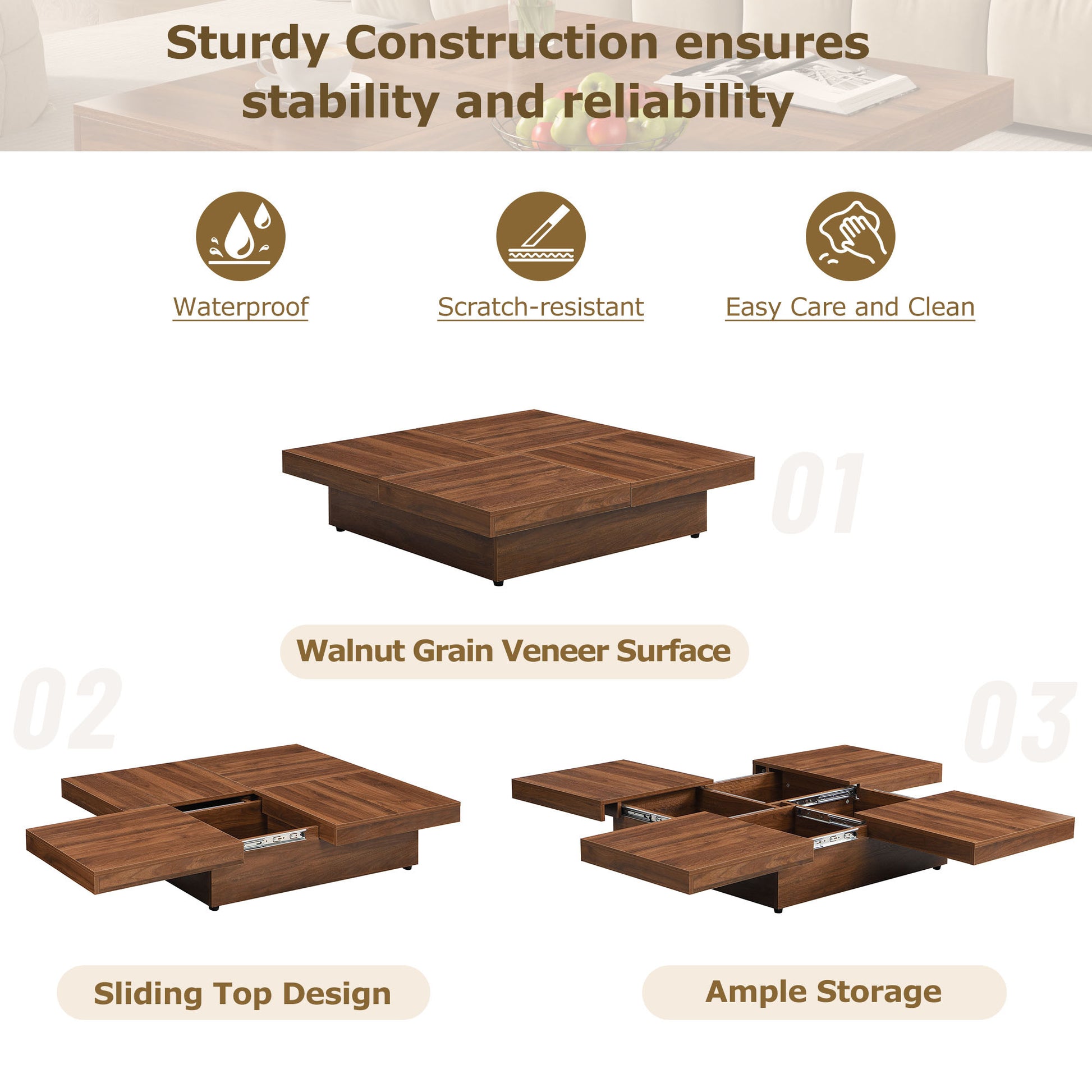 Square Marble Veneer Coffee Table Sliding Top