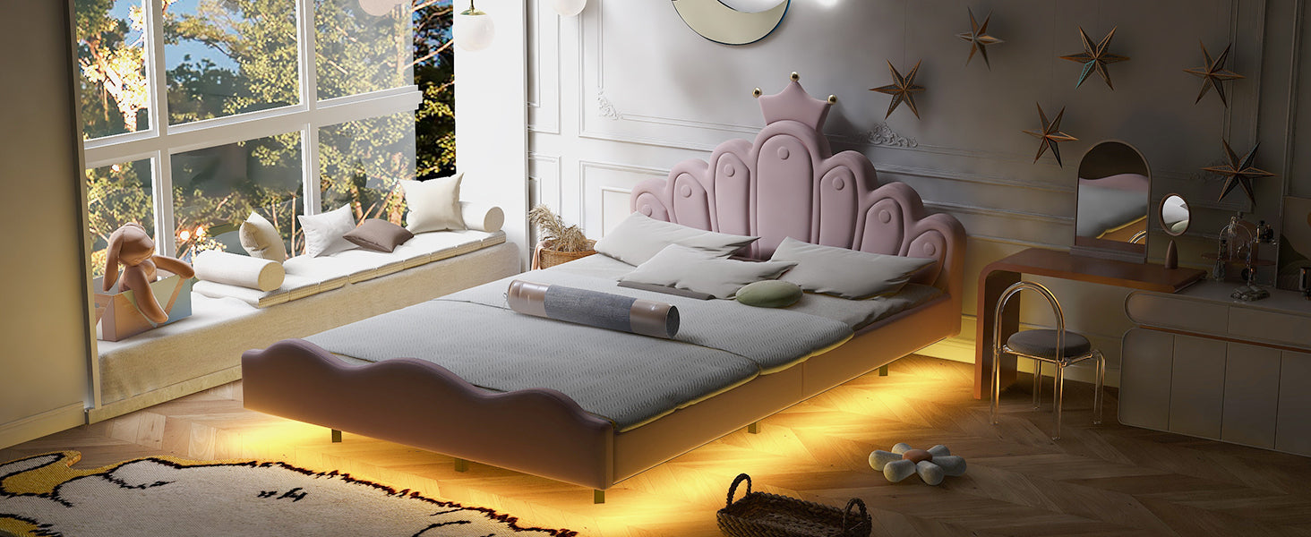 Full Size Crown Shaped Princess Bed, Soft Pu