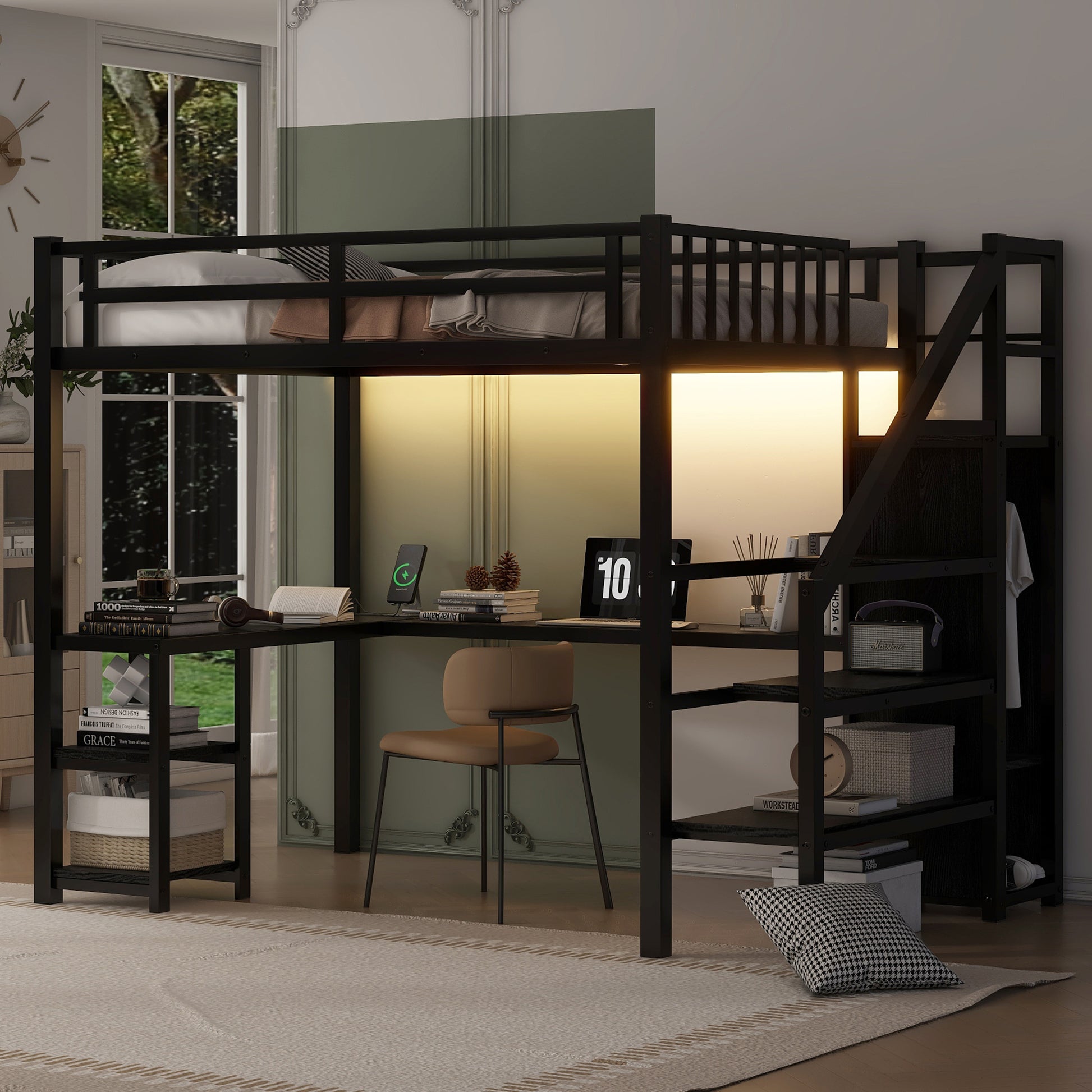 Metal Full Loft Bed With Wardrobe And Led Light,