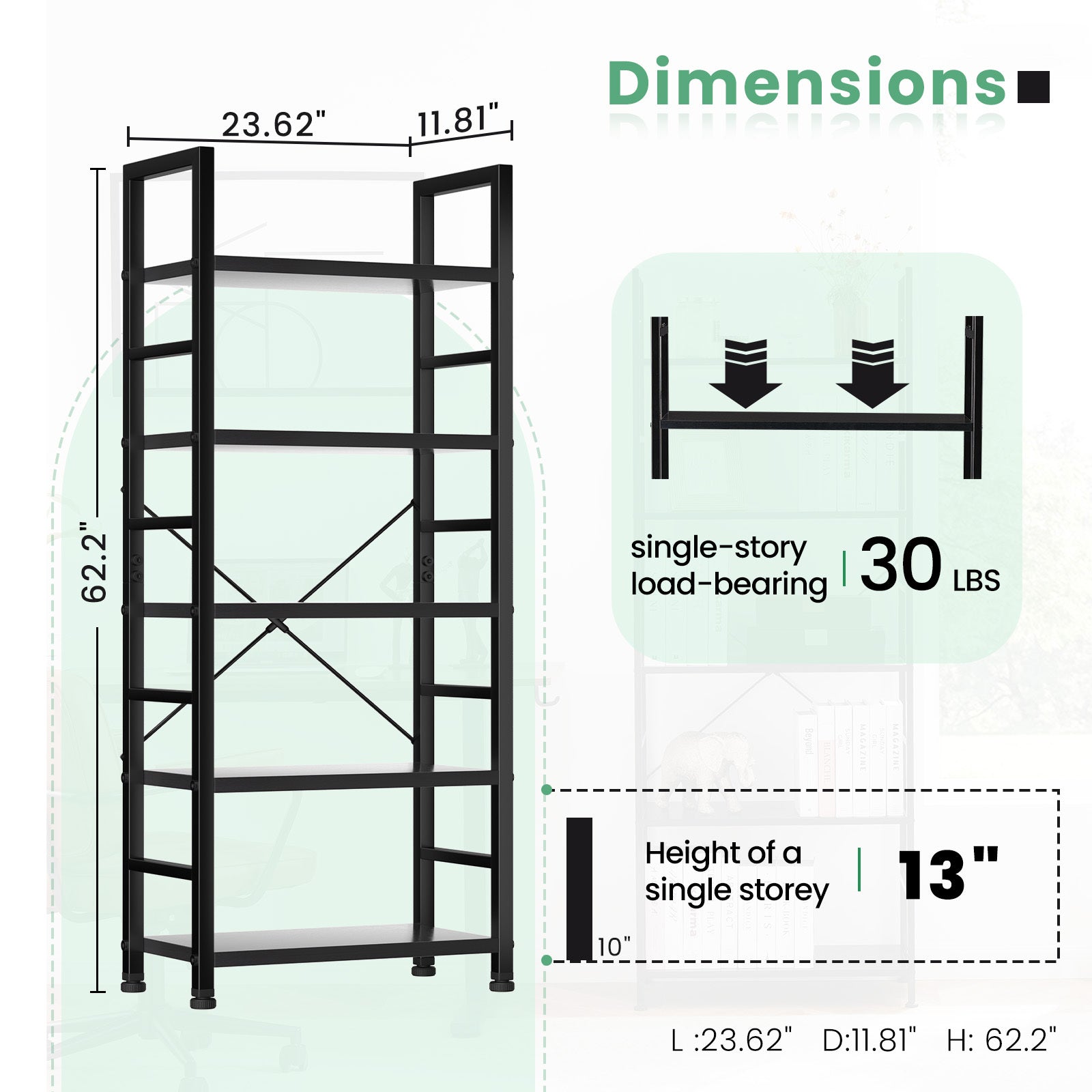 5 Shelves, Home Office And Living Room - Black