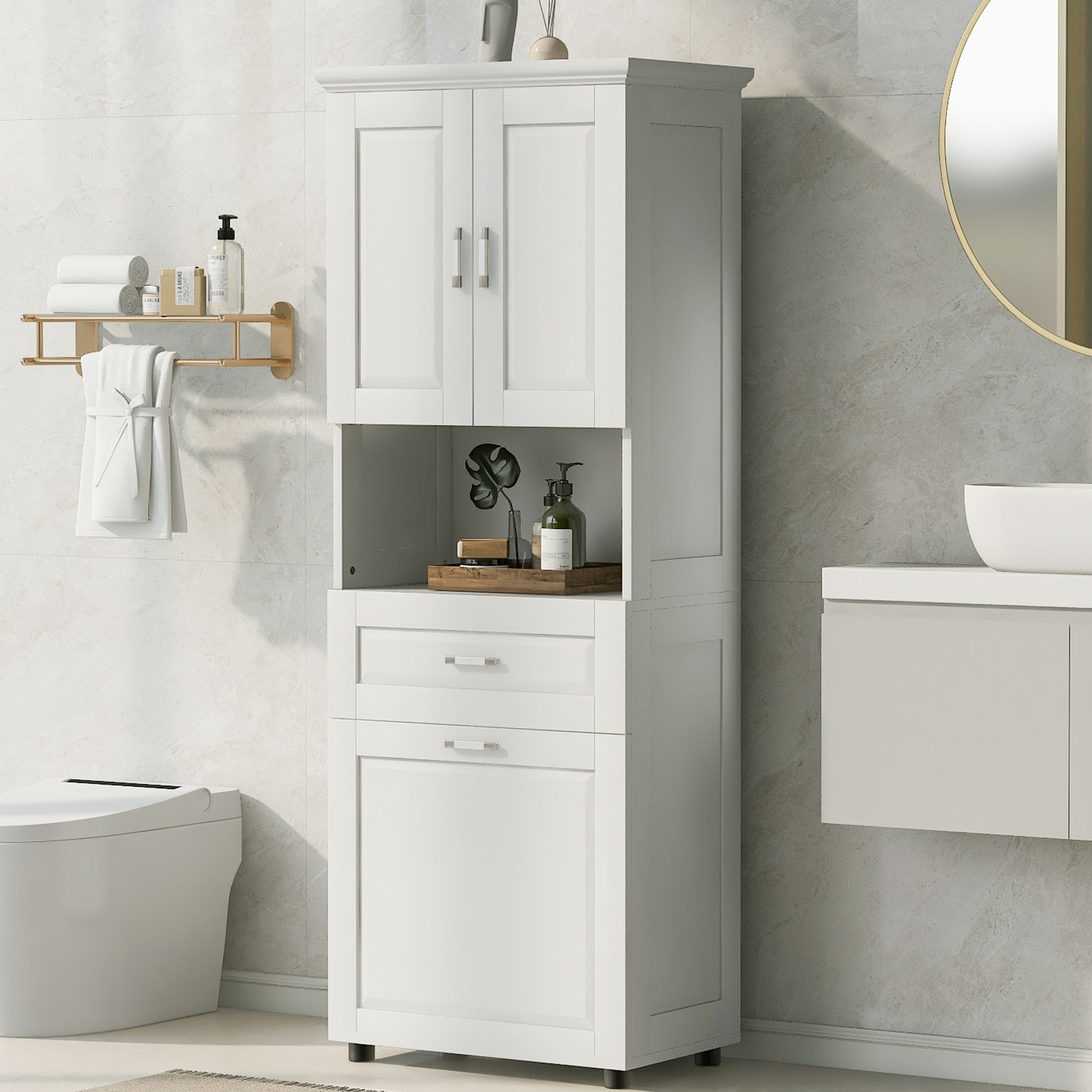 Tall Bathroom Cabinet With Laundry Basket, Large